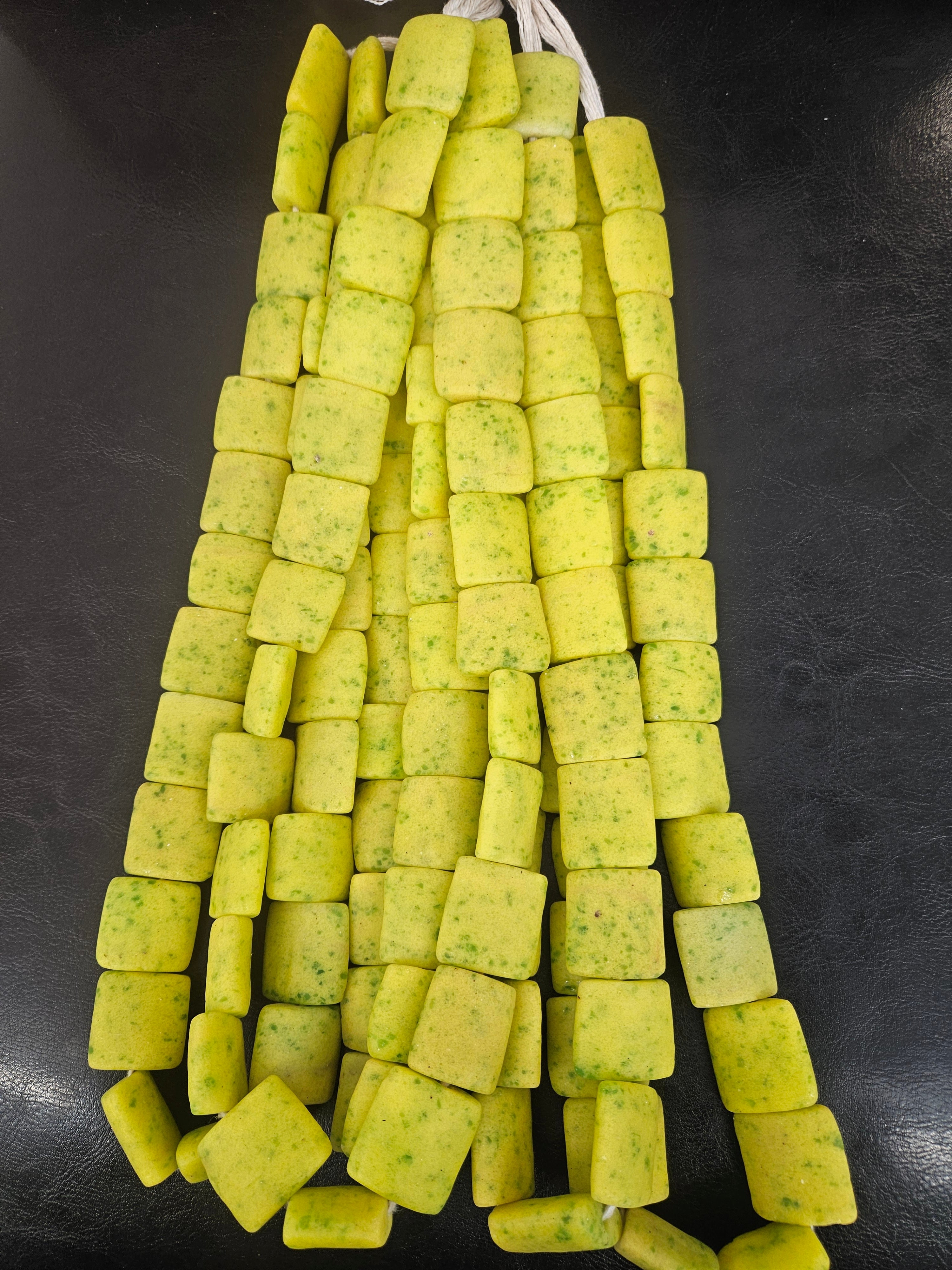 Large Chartreuse Krobo Powdered Glass Pillow Cube Beads | Handmade Recycled Glass Beads from Ghana | 25–26 Beads