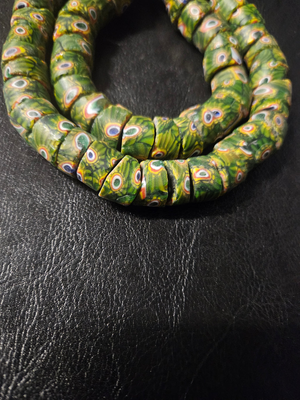 Green Eye Trade Beads – Multicolor Pattern 8–10 × 14–15mm