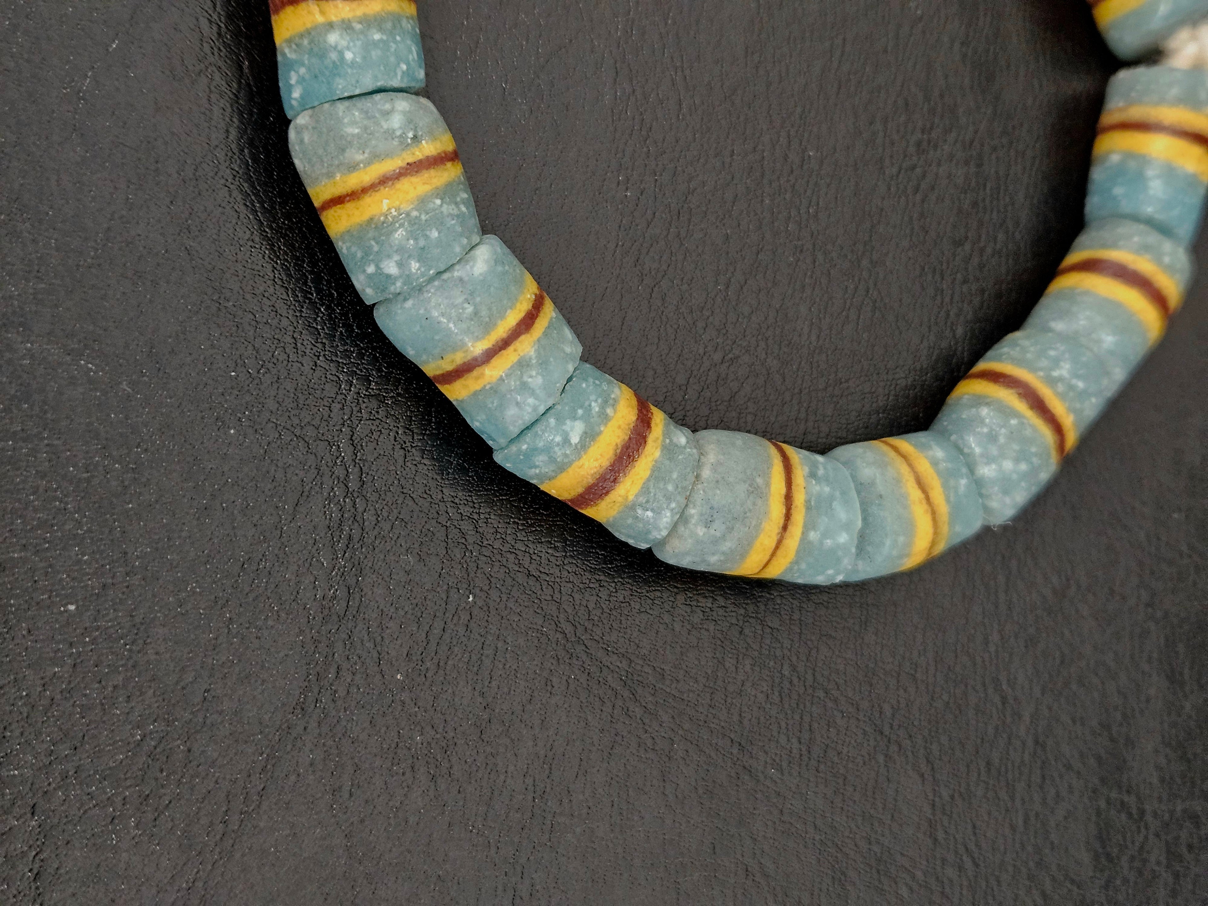Light Blue Striped Krobo Kente Glass Beads | Handcrafted Powdered Glass Beads from Ghana | Approx. 17 Beads