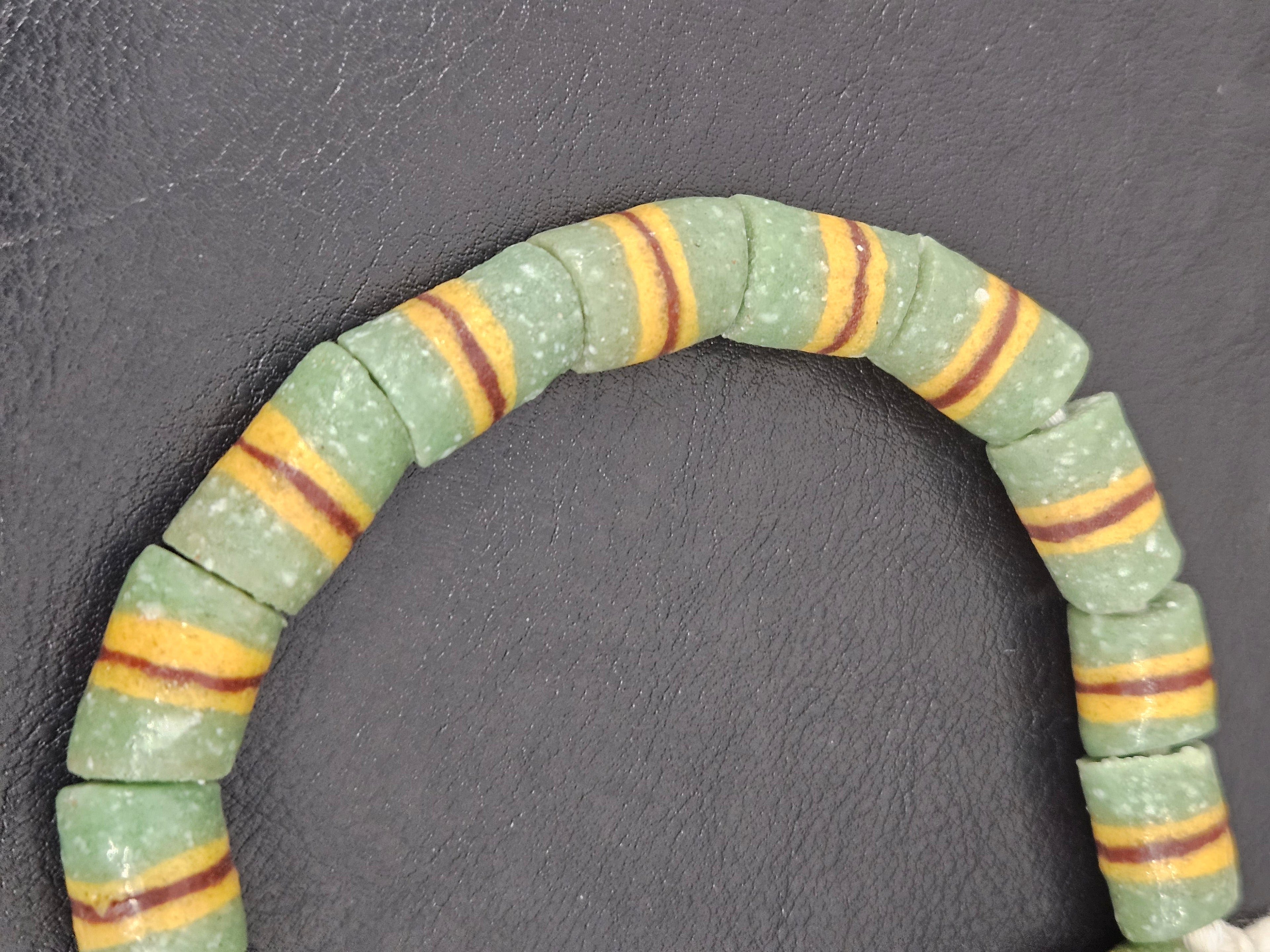 Green Striped Krobo Kente Glass Beads | Handcrafted Powdered Glass Beads from Ghana | Approx. 17 Beads