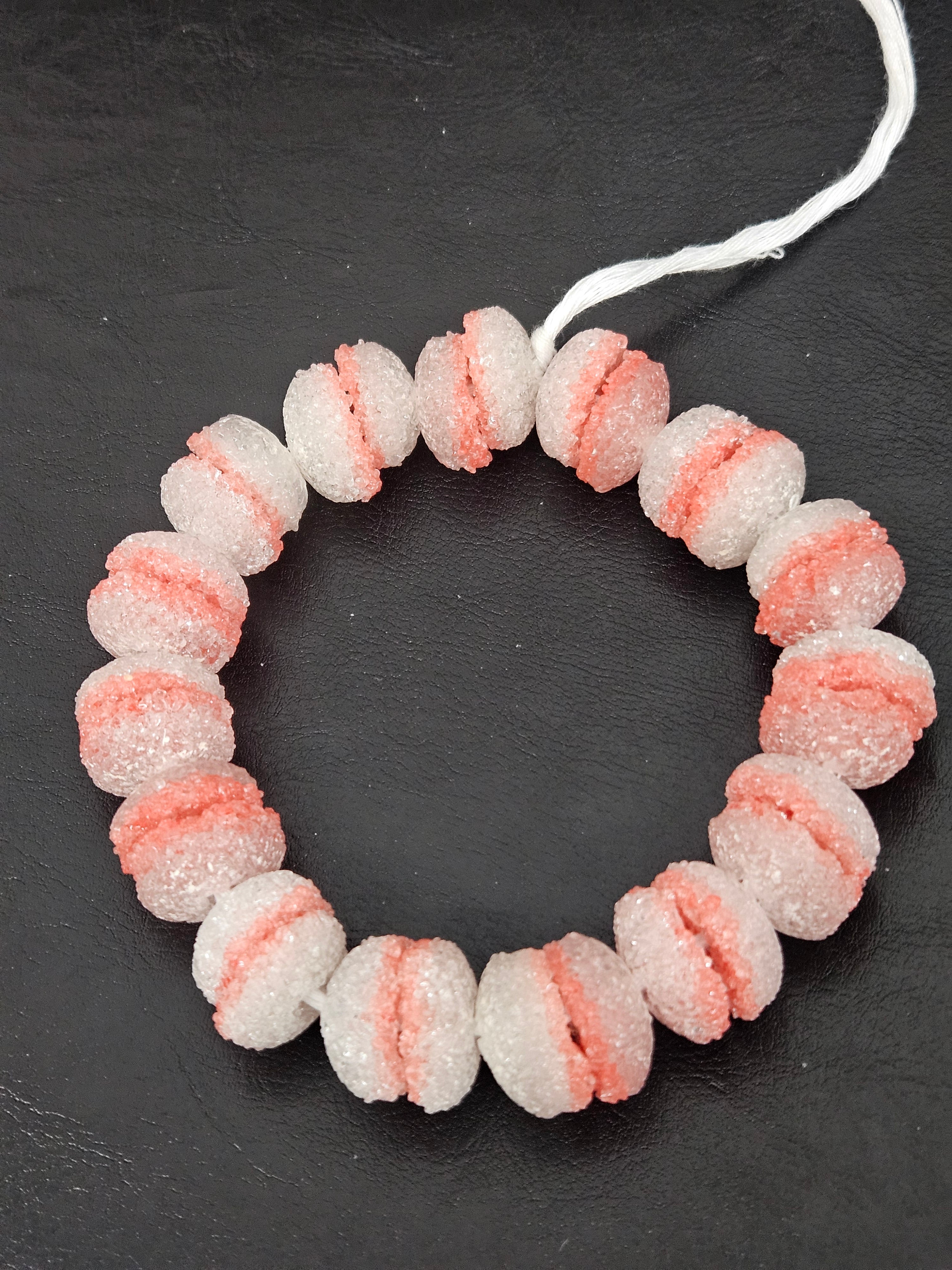 Coral & White Krobo Sugar Glass Rondelle Beads | Handcrafted Recycled Glass Beads from Ghana | Approx. 30 Beads Per Strand