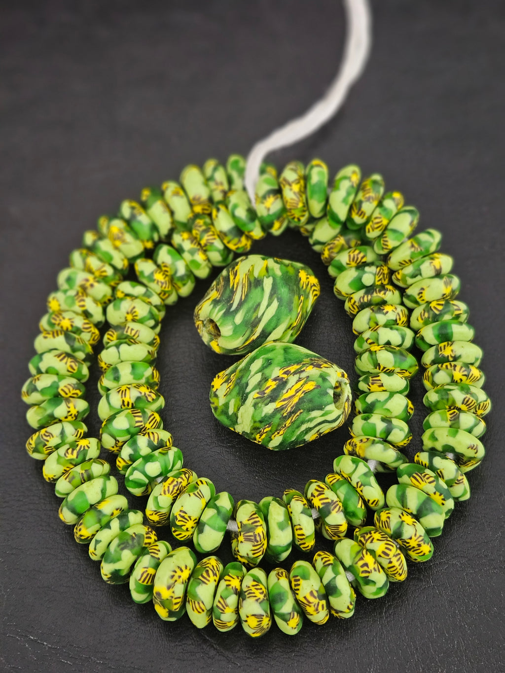 Green African Beads Bundle – Krobo Glass Rondelles + Bicone Focals