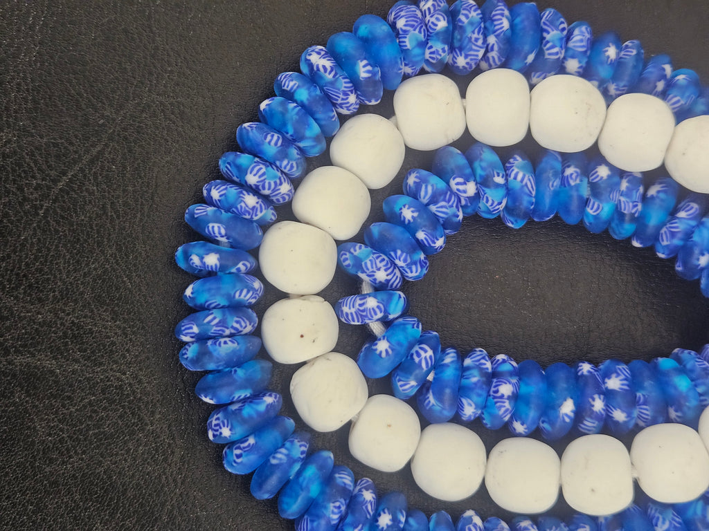 Blue & White African Glass Bead Bundle: Hand-Painted Krobo Rondelle and White Pocket Beads from Ghana