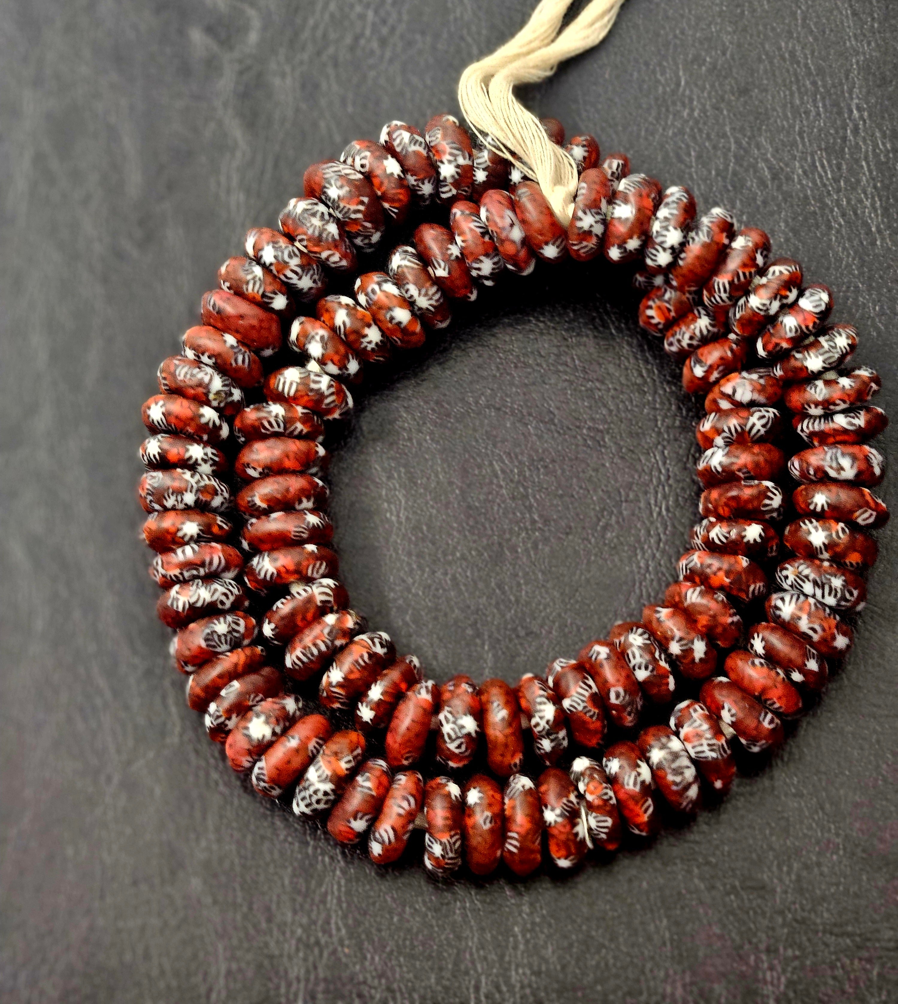 Fused Brown & White Krobo Recycled Glass Rondelle Beads — 14–16 mm | Large Hole (2.5–3 mm) | Handcrafted African Beads from Ghana