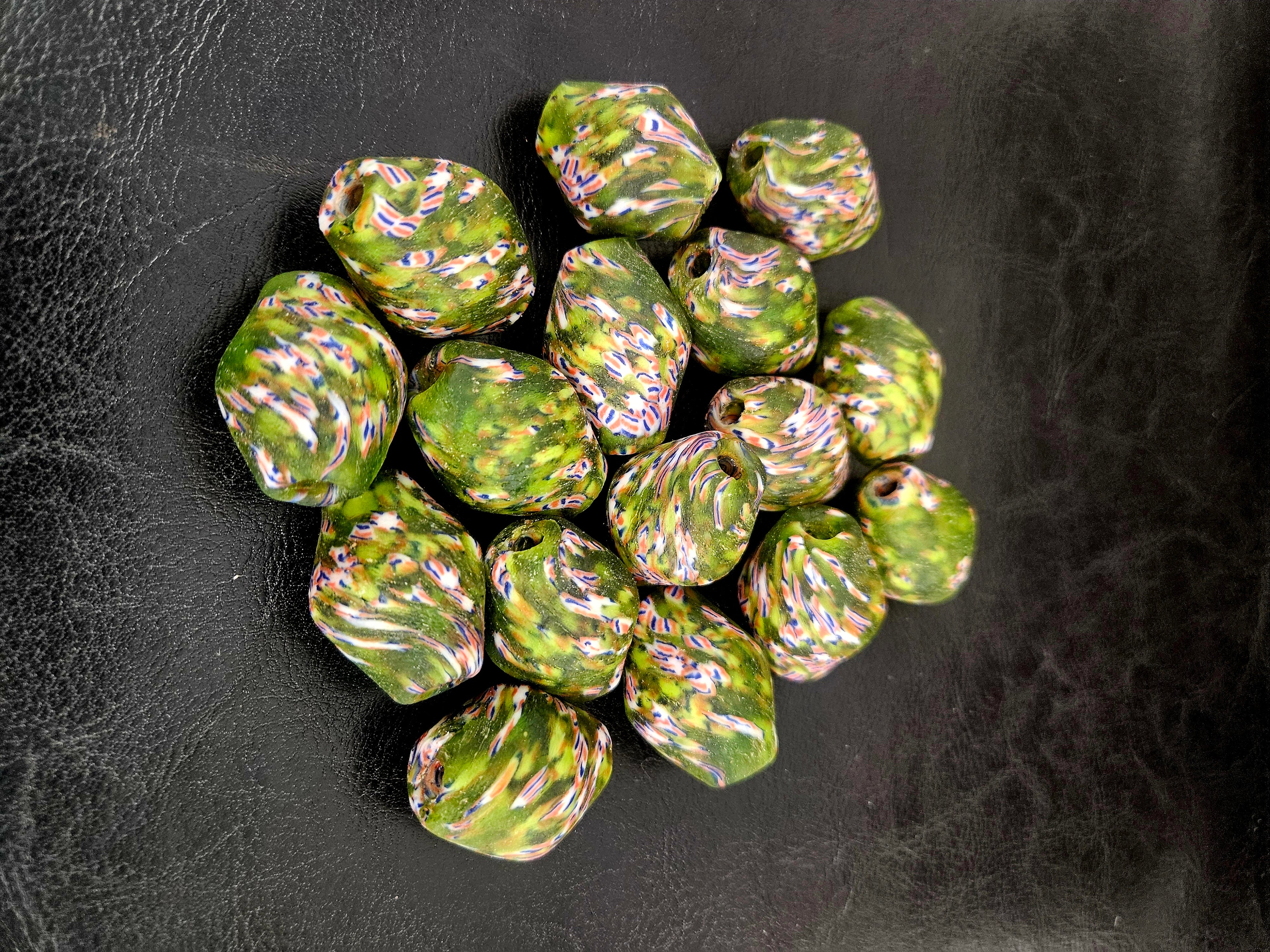African Glass Bead Bundle – Coral Krobo Rondelles + Green Focal Beads