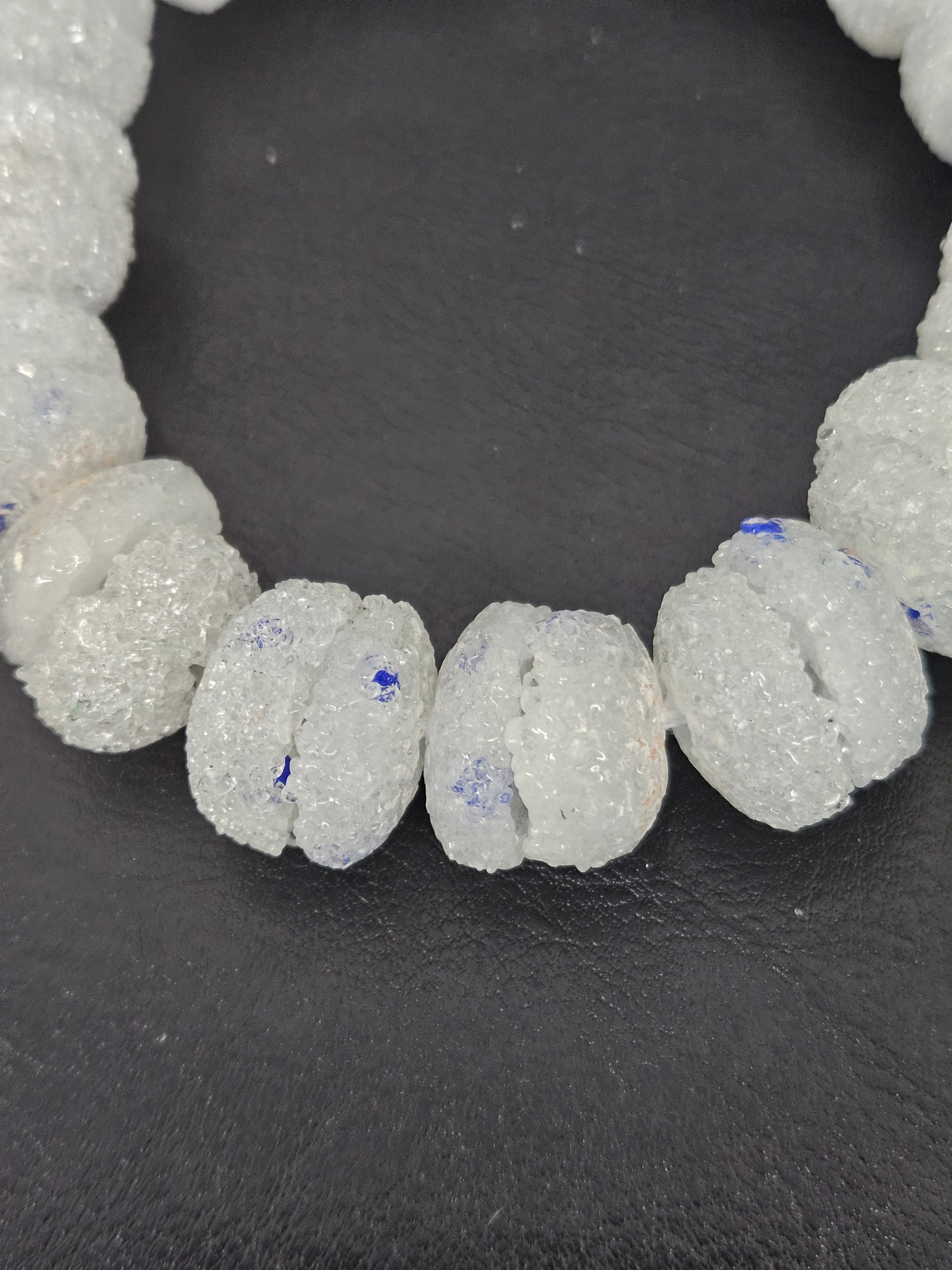 White & Blue Speckled Krobo Sugar Glass Rondelle Beads | Handcrafted Recycled Glass Beads from Ghana | Approx. 30 Beads Per Strand