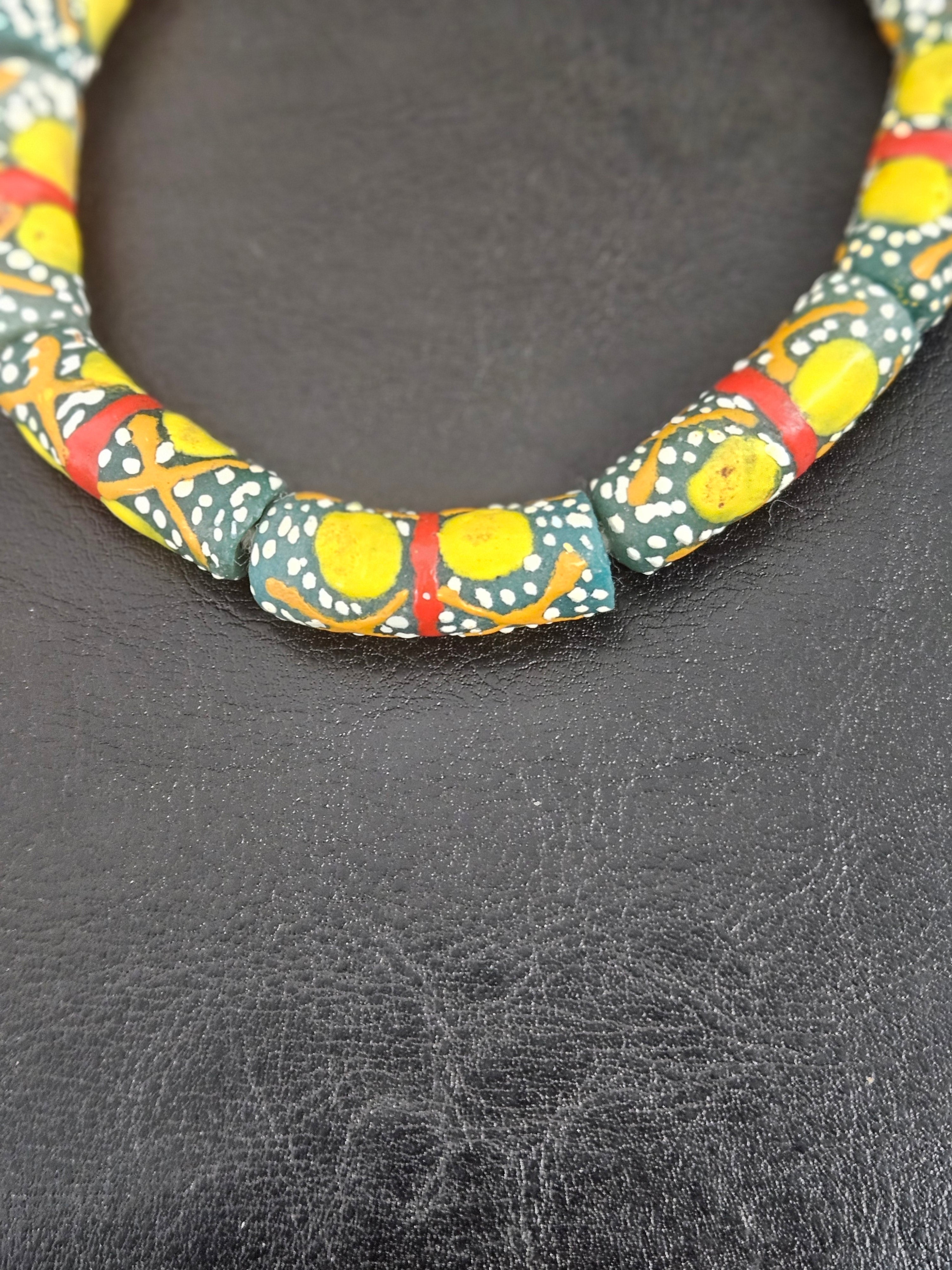 Olive Green Krobo Painted Glass Tube Beads with Golden Yellow Medallions & Terracotta Geometric Motifs