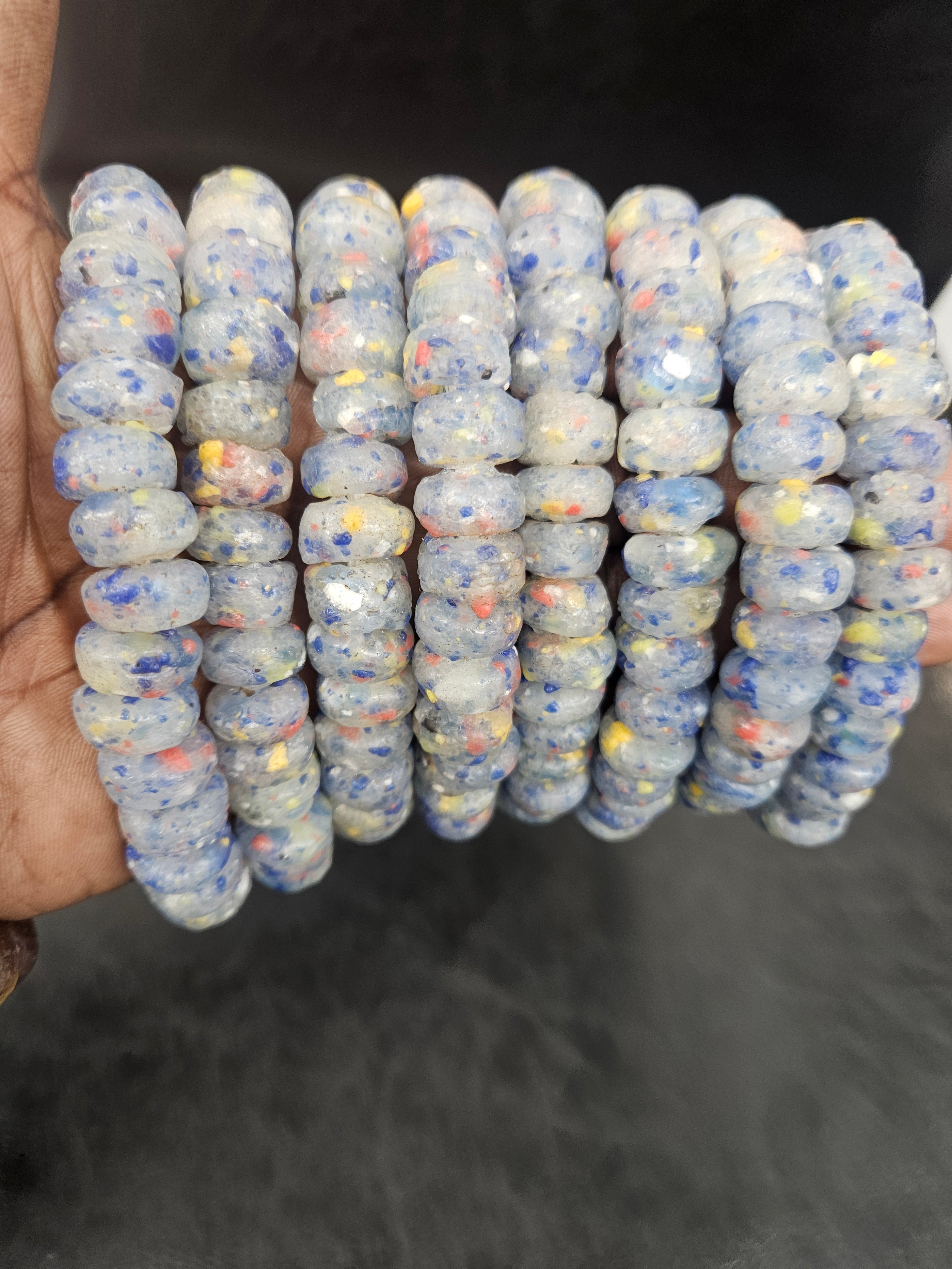 Blue Gray African Recycled Glass Short Tube Beads – Handmade Krobo Powder Glass Beads, 32–33 Beads