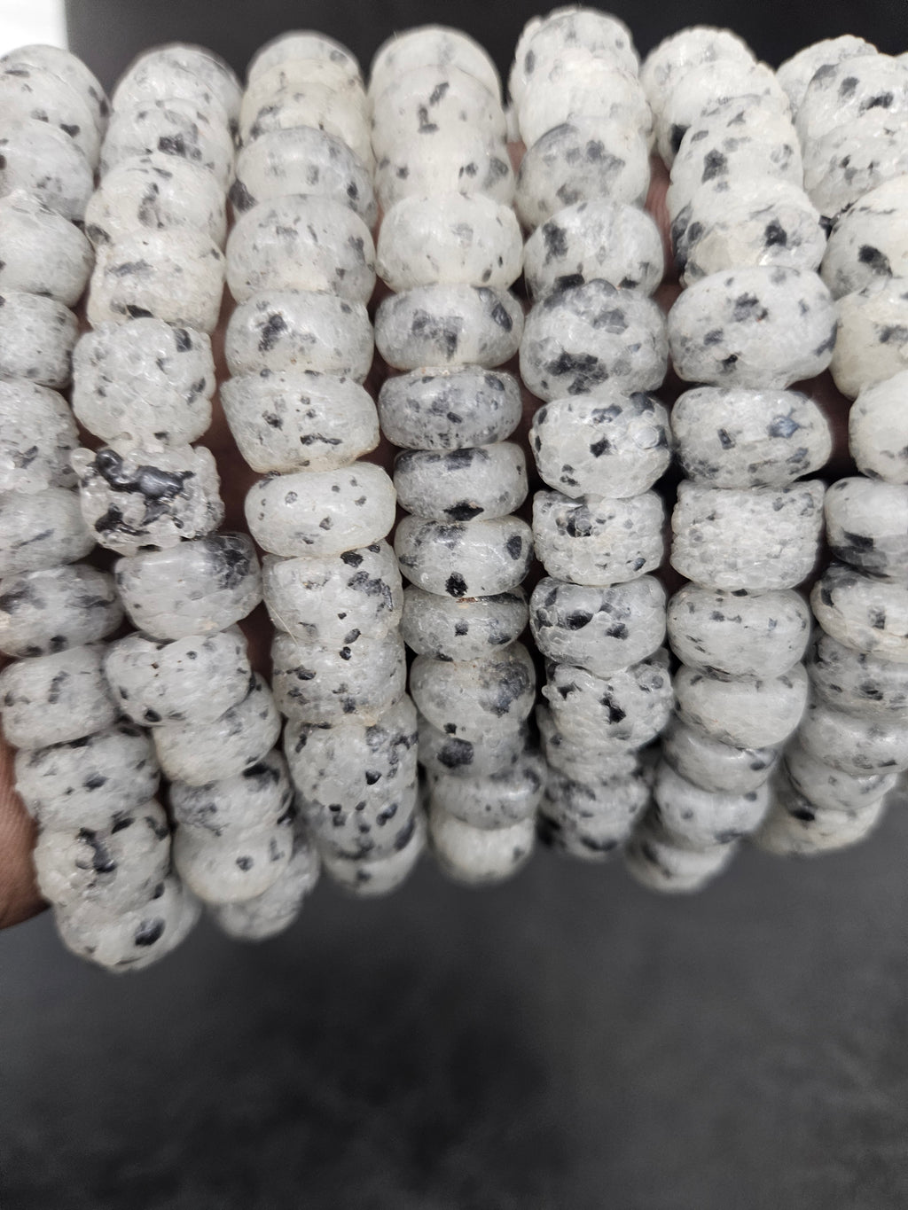Handmade White & Black Speckled African Glass Beads – Krobo Recycled Glass Short Tube Beads for Jewelry Making