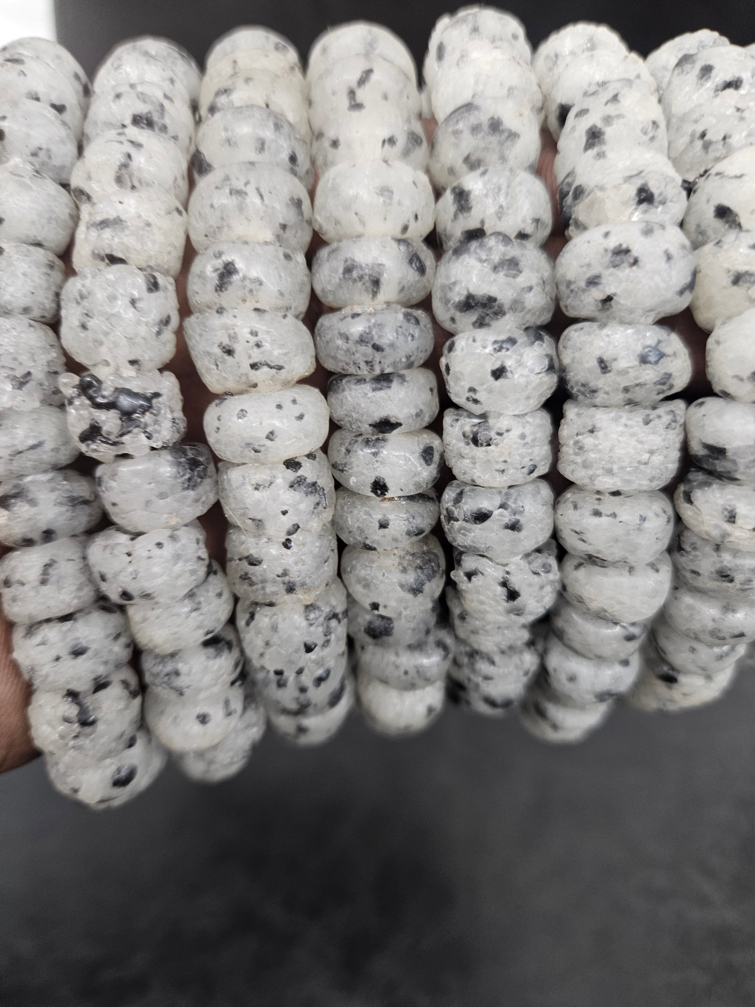 Handmade White & Black Speckled African Glass Beads – Krobo Recycled Glass Short Tube Beads for Jewelry Making