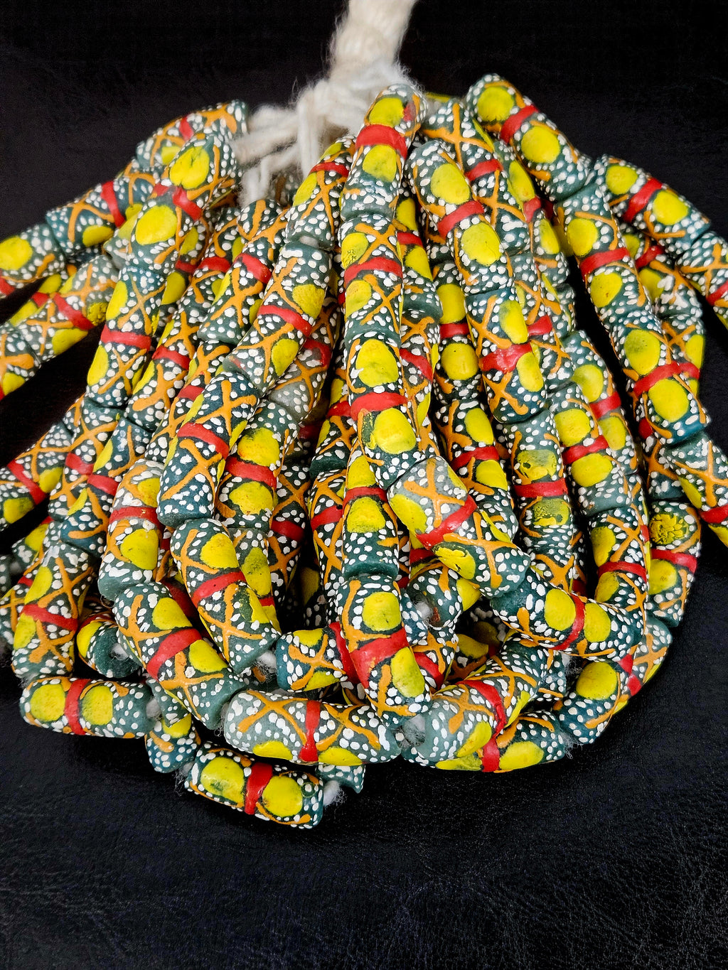 Olive Green Krobo Painted Glass Tube Beads with Golden Yellow Medallions & Terracotta Geometric Motifs