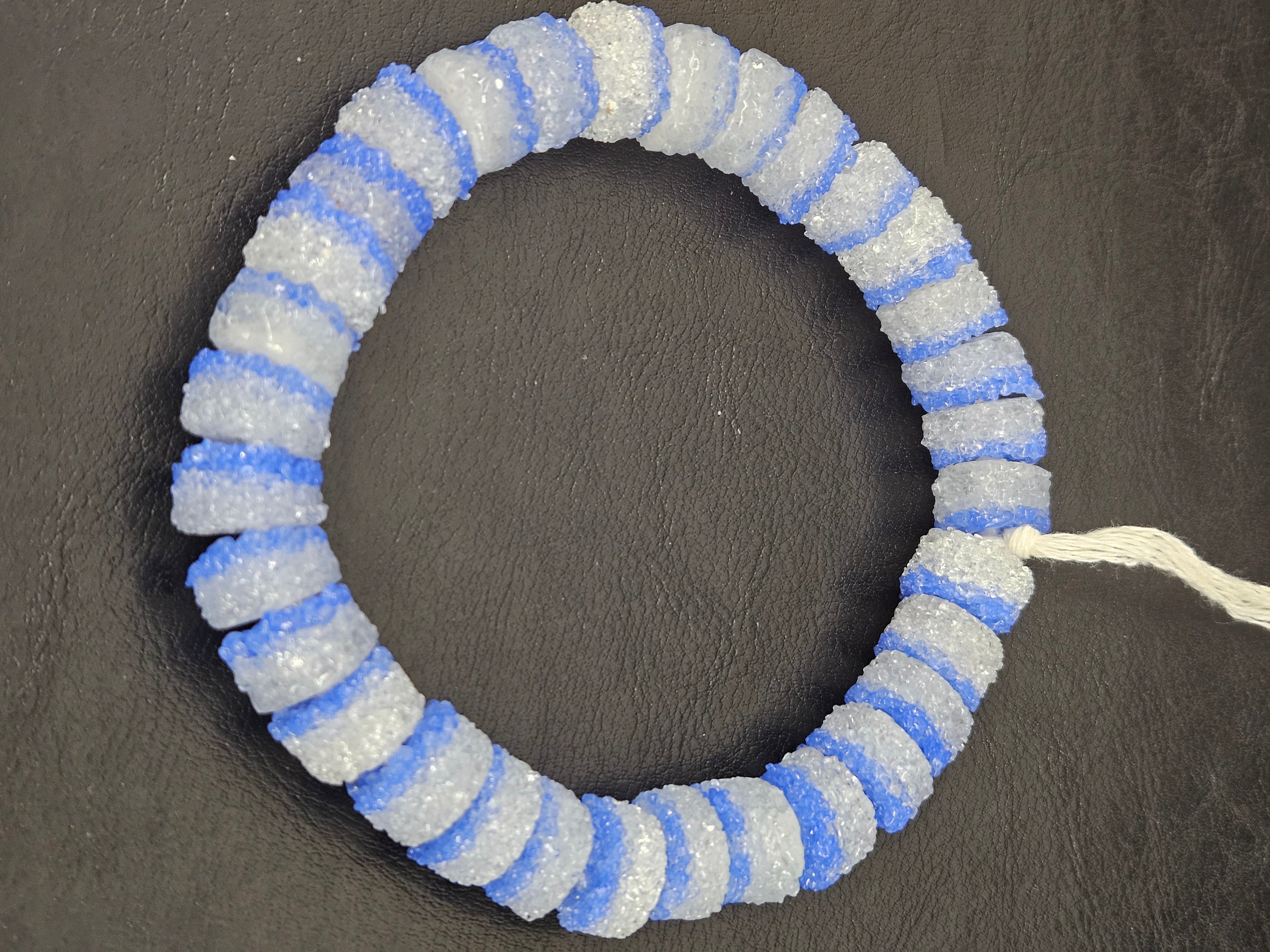 Blue & White Krobo Sugar Glass Short Tube Beads | Handcrafted Recycled Glass Beads from Ghana | Approx. 32 Beads Per Strand
