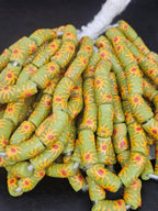 Painted Krobo Glass Tube Beads | Sage Green Recycled Glass Tube Beads | Handmade in Ghana | 13–14×26–30mm