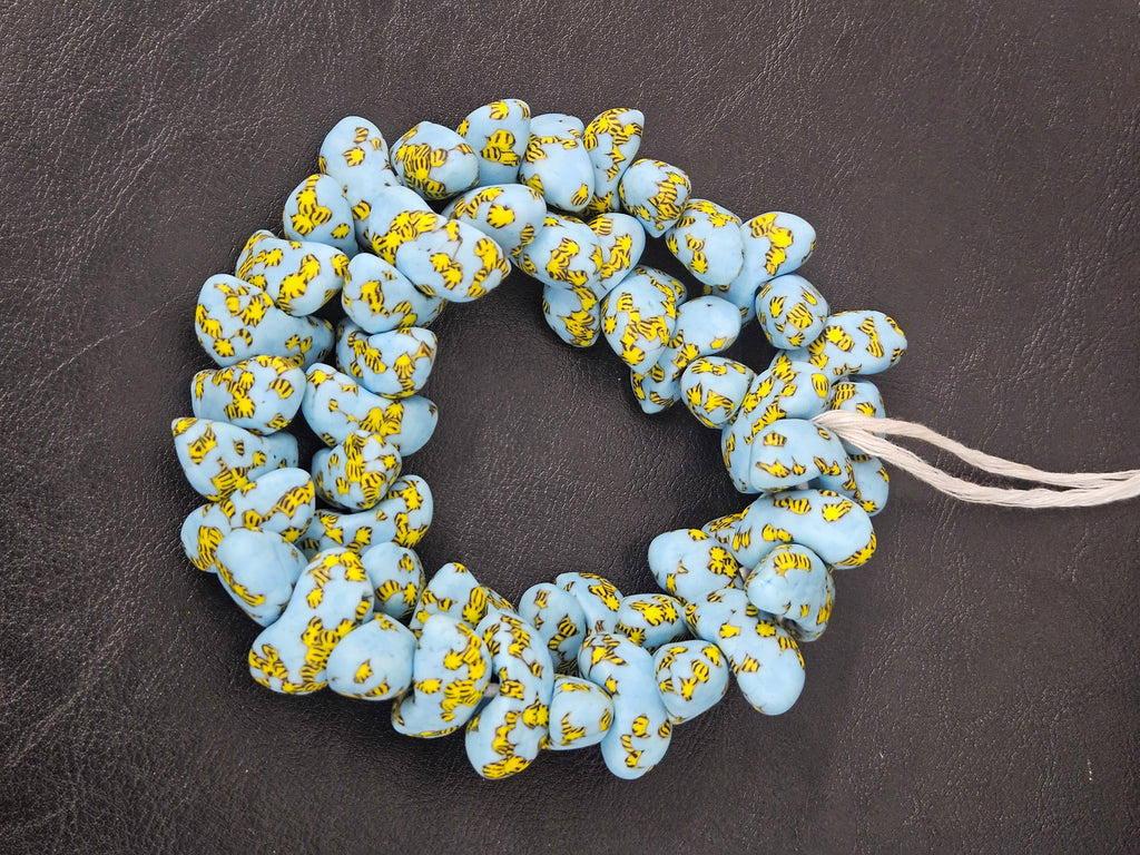 XL Sky Blue, Black & Golden Yellow Canoe-Shaped Krobo Powdered Glass Beads | Handmade Recycled Glass Beads from Ghana | Large Hole African Designer Beads