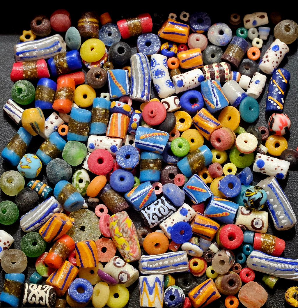African Krobo Recycled Glass Beads Mix (Coastal Blue + Sun Yellow) — 1 Cup, 160+ Handmade Ghana Beads, 1lb | ABM255