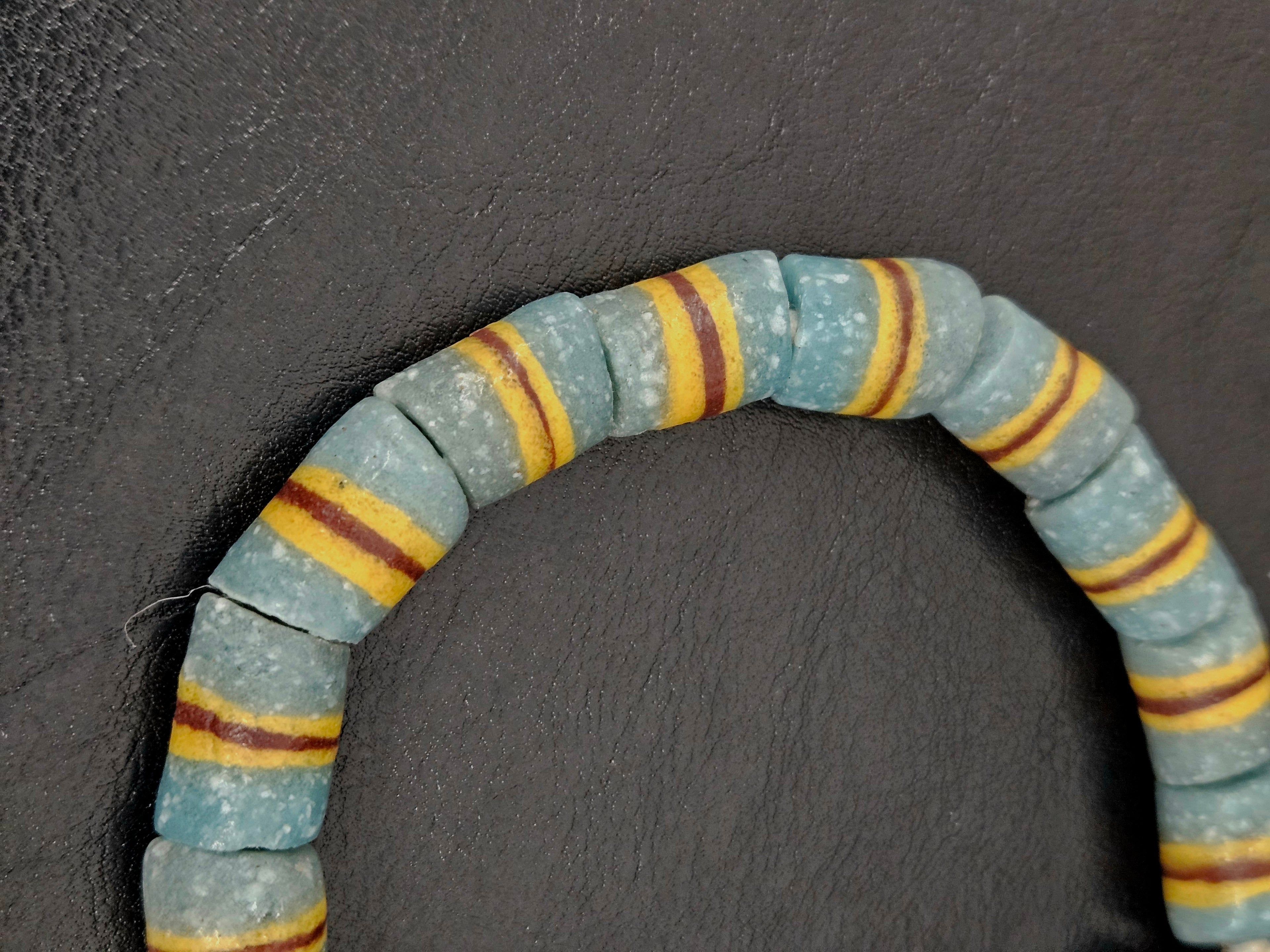 Light Blue Striped Krobo Kente Glass Beads | Handcrafted Powdered Glass Beads from Ghana | Approx. 17 Beads
