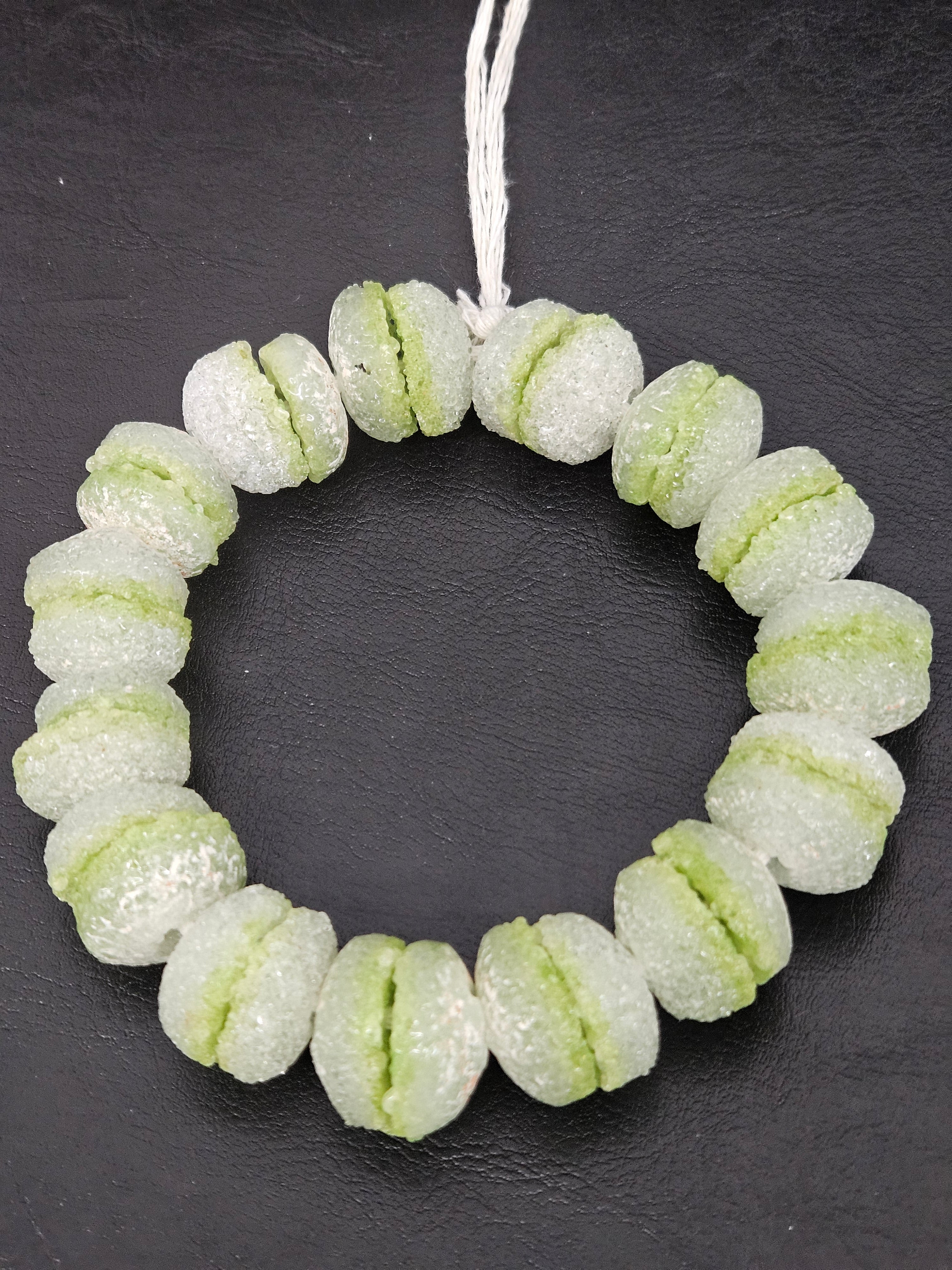 Lime Green & White Krobo Sugar Glass Rondelle Beads | Handcrafted Recycled Glass Beads from Ghana | Approx. 30 Beads Per Strand