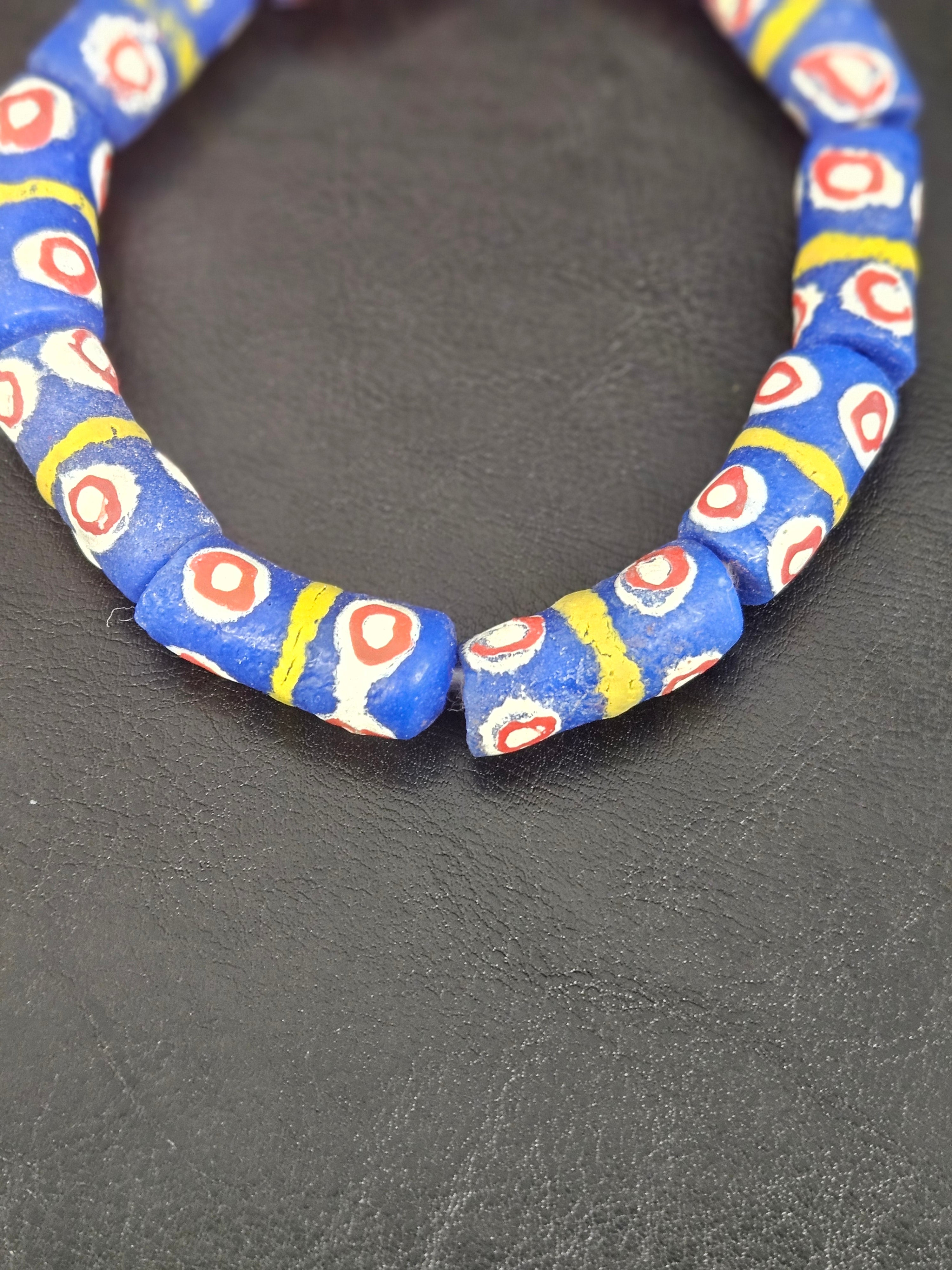 Royal Blue Krobo Painted Glass Tube Beads with Hand-Painted Eye Motifs | Ghana Recycled Glass Beads