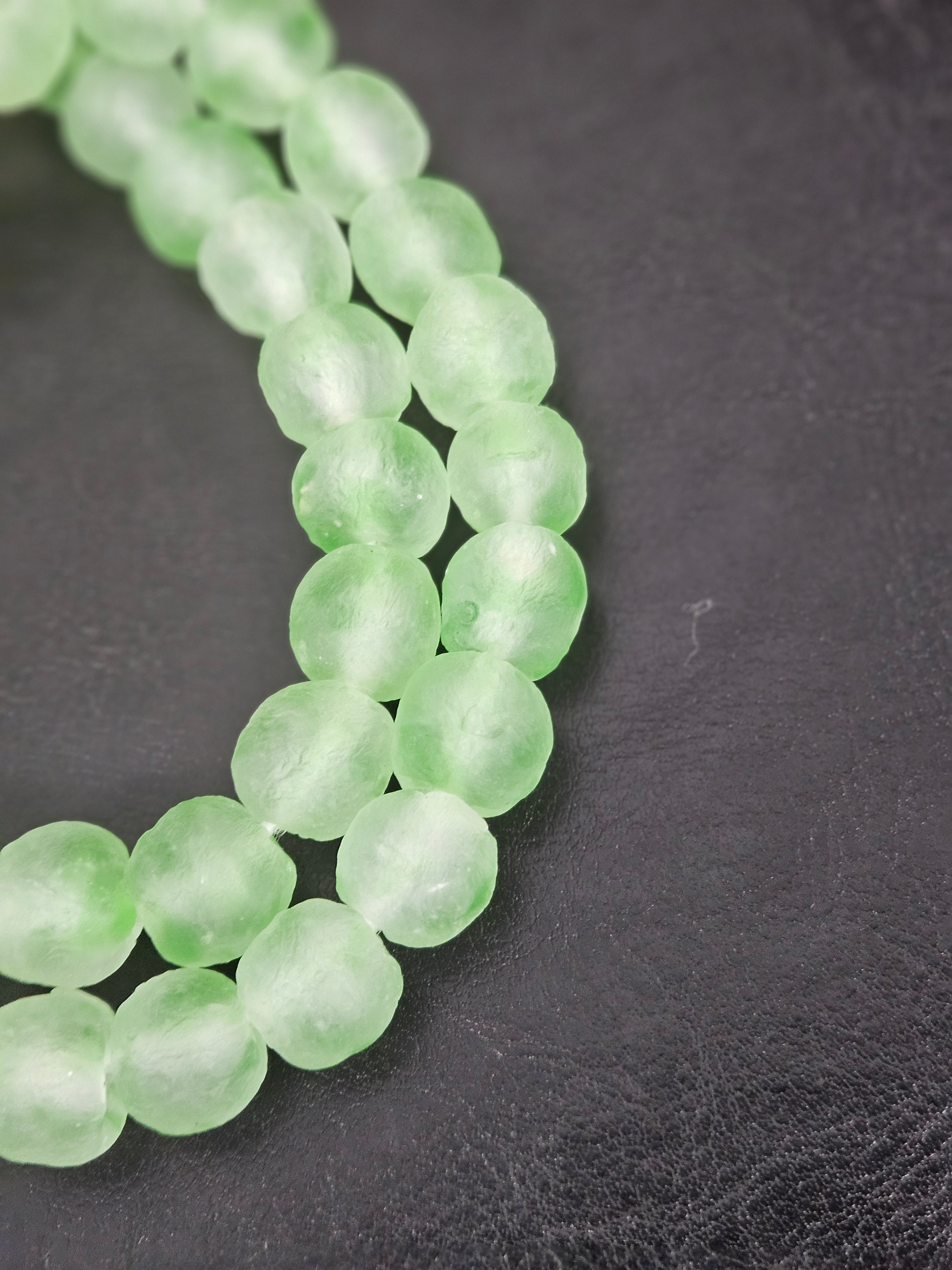 Authentic Mint Green Krobo Translucent Recycled Glass Beads | Handmade Ghana Glass Beads 12–14mm