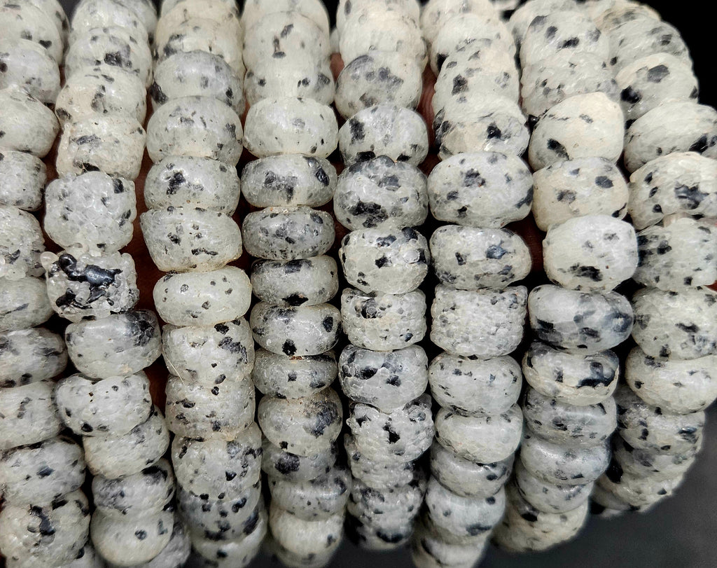 Handmade White & Black Speckled African Glass Beads – Krobo Recycled Glass Short Tube Beads for Jewelry Making