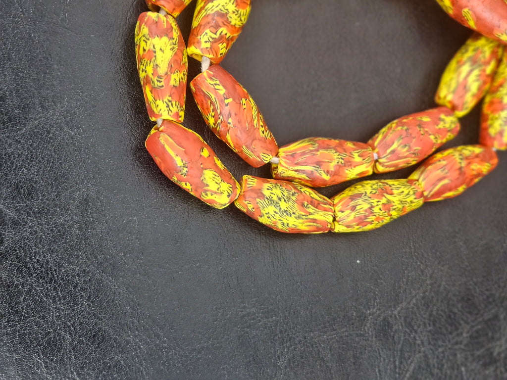 XL Rust Orange & Yellow Fused Krobo Recycled Glass Beads | Handmade Ghana Statement Beads