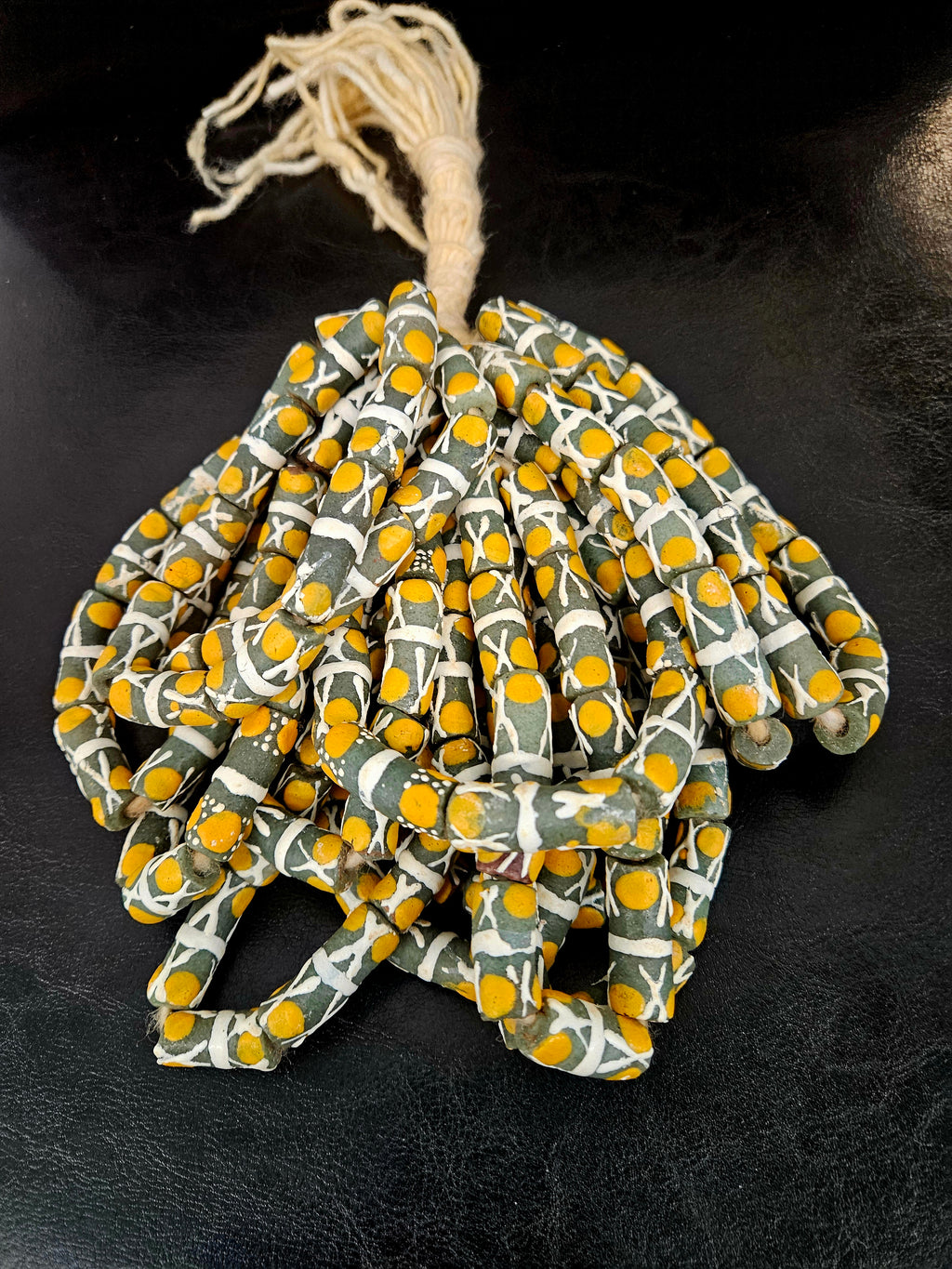 African Glass Beads – Painted Krobo Long Tubes, Green & Gold