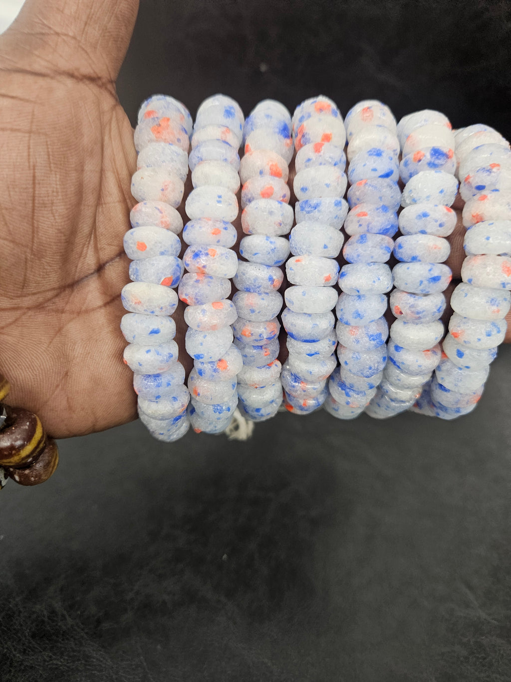 White Blue & Coral Speckled Krobo Powder Glass Beads – African Recycled Glass Short Tube Beads for Jewelry Making