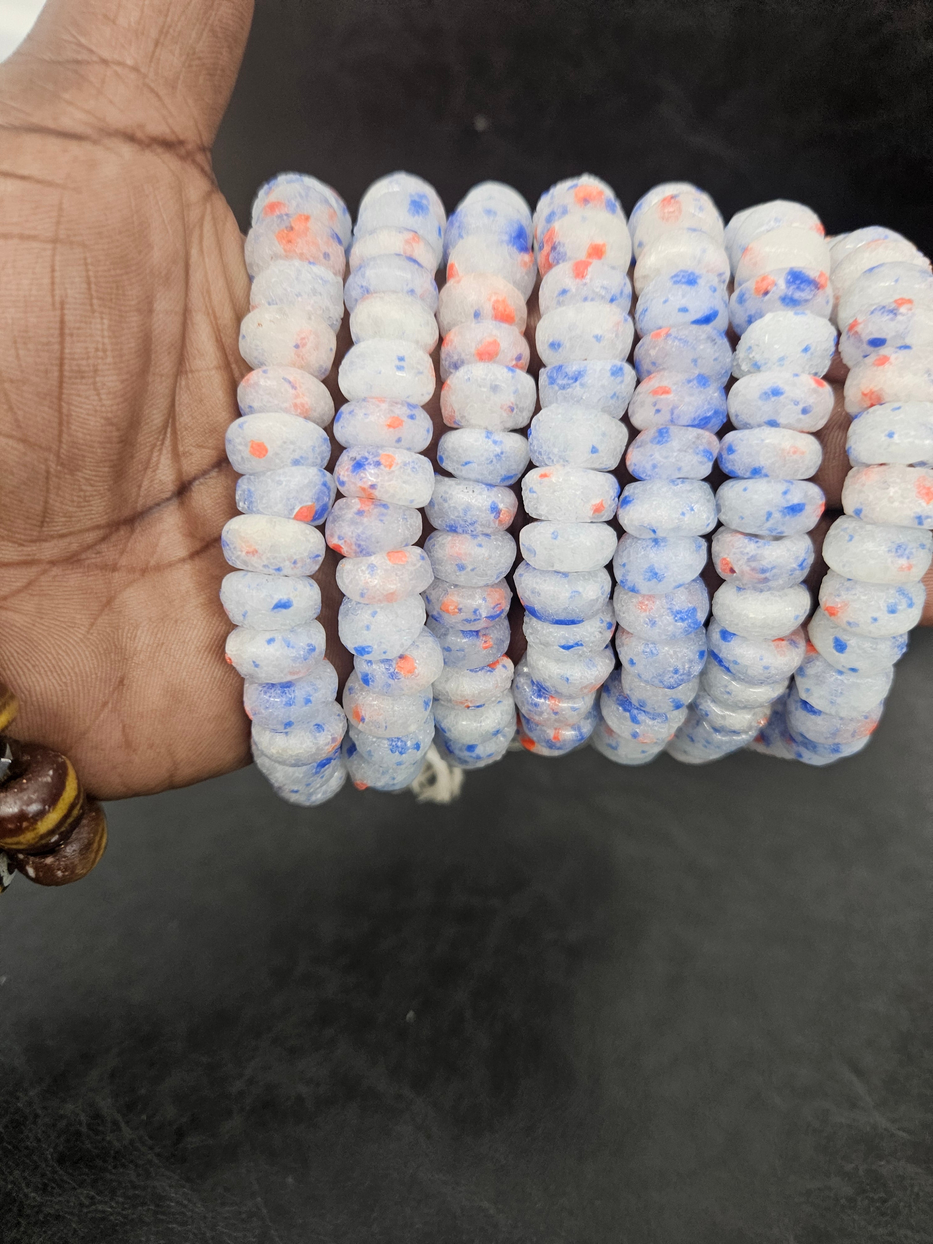 White Blue & Coral Speckled Krobo Powder Glass Beads – African Recycled Glass Short Tube Beads for Jewelry Making