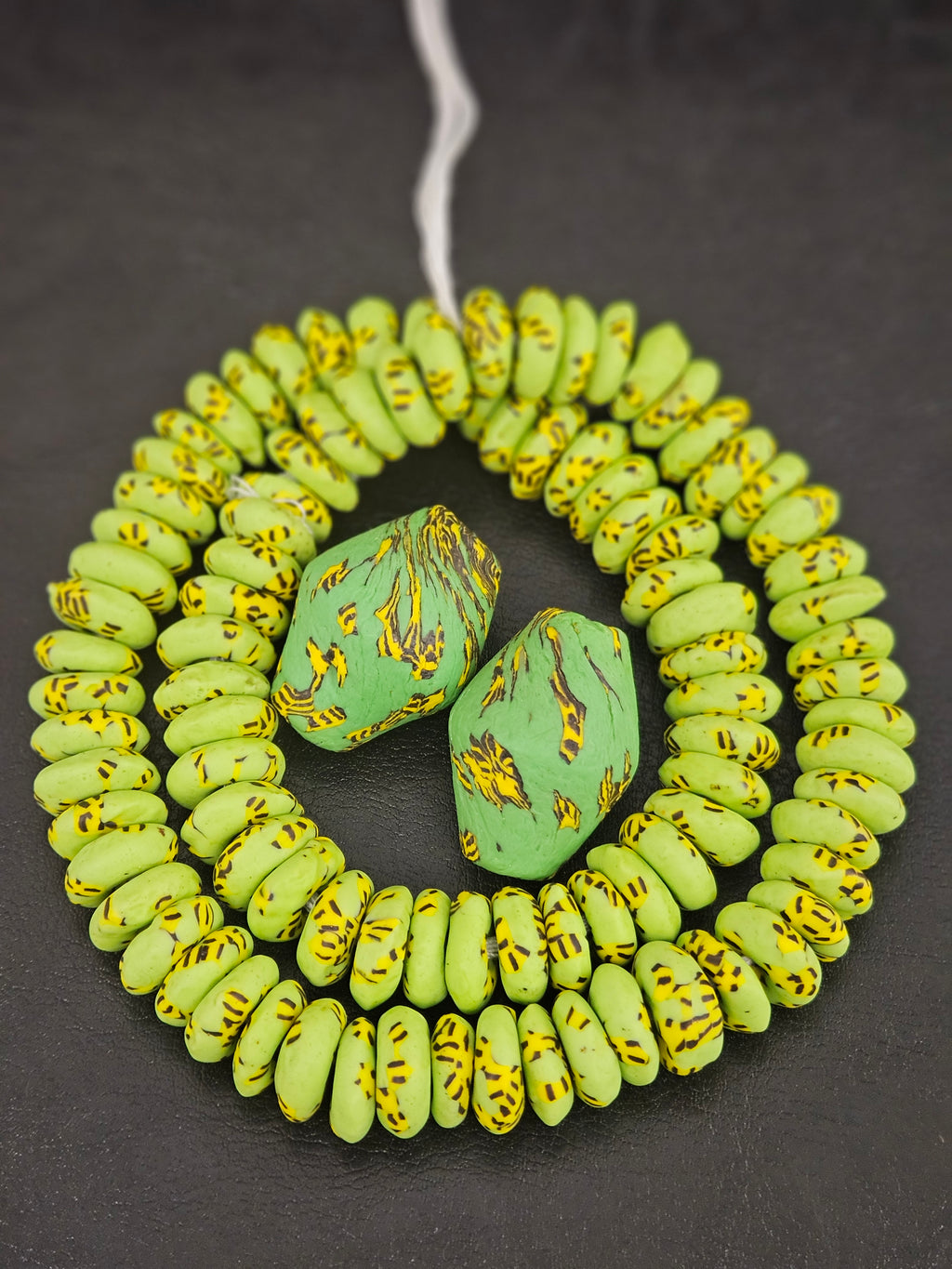 Green African Glass Beads Bundle – Krobo Rondelles + Bicone Focals