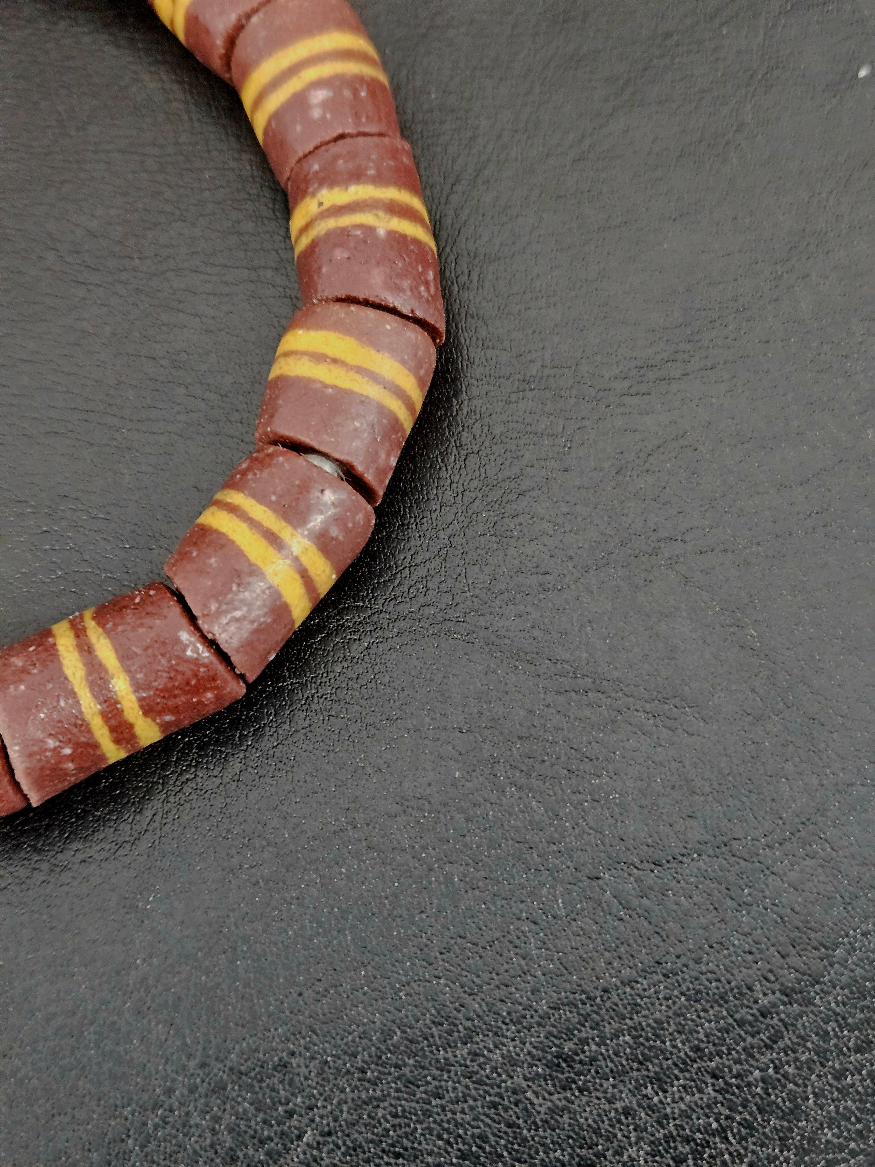 Brown Striped Krobo Kente Glass Beads | Handcrafted Powdered Glass Beads from Ghana | Approx. 17 Beads