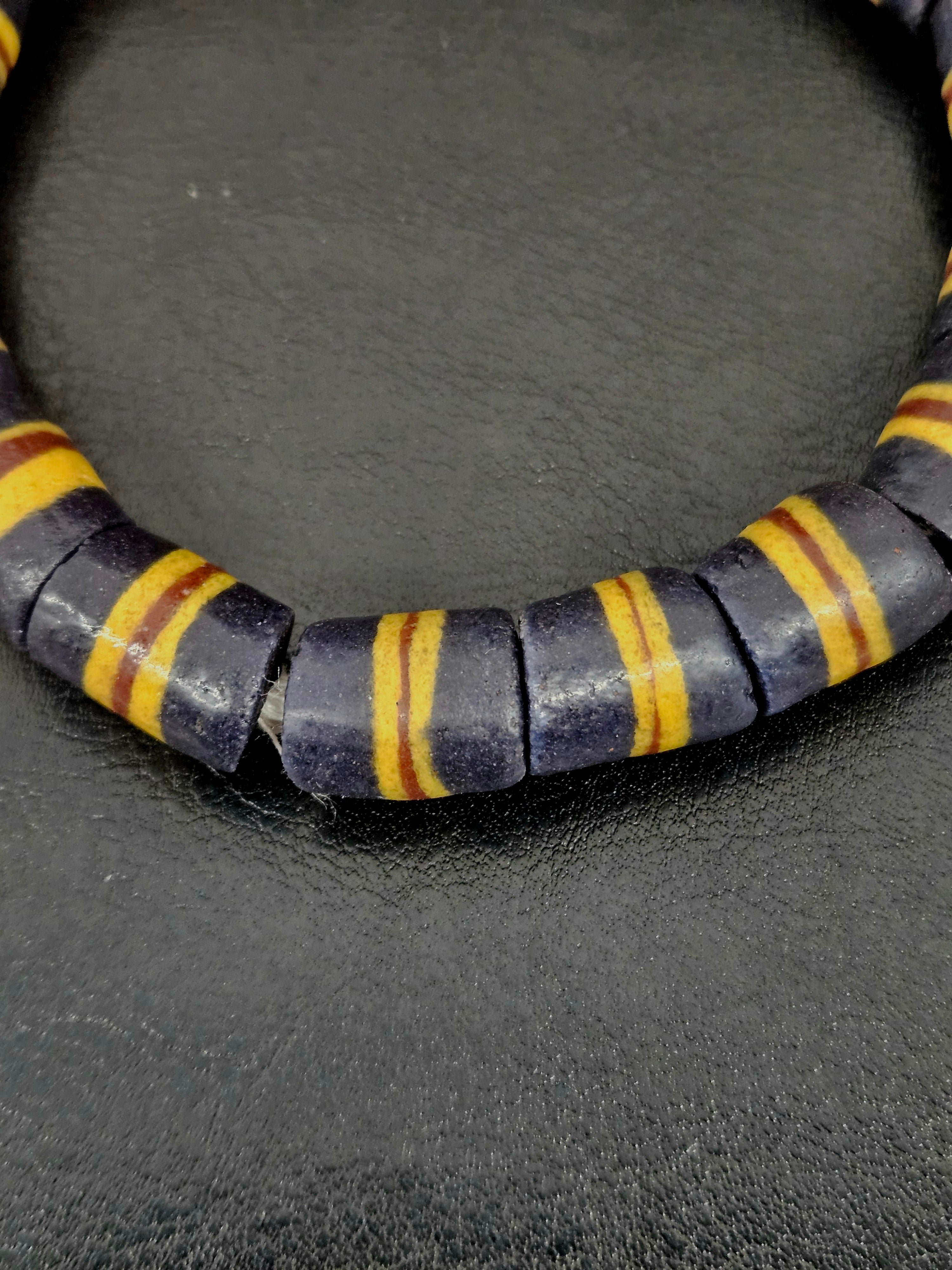 Black Striped Krobo Kente Glass Beads | Handcrafted Powdered Glass Beads from Ghana | Approx. 17 Beads