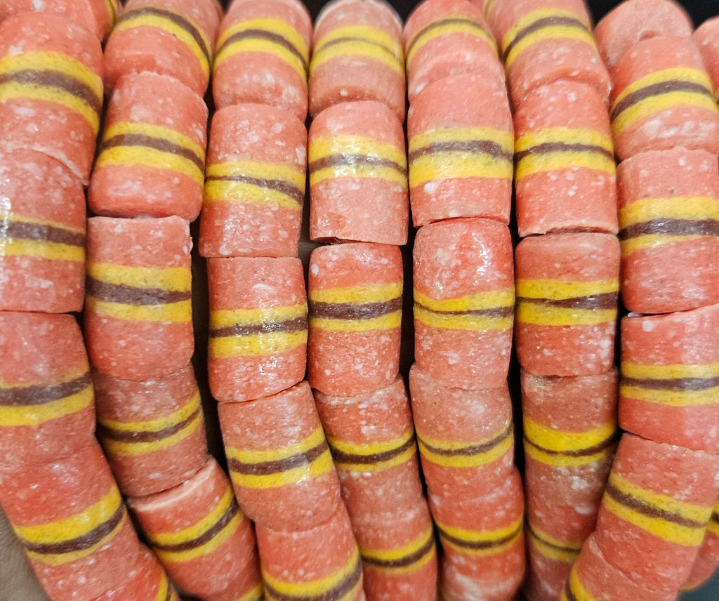 Orange Striped Krobo Kente Glass Beads | Handcrafted Powdered Glass Beads from Ghana | Approx. 17 Beads