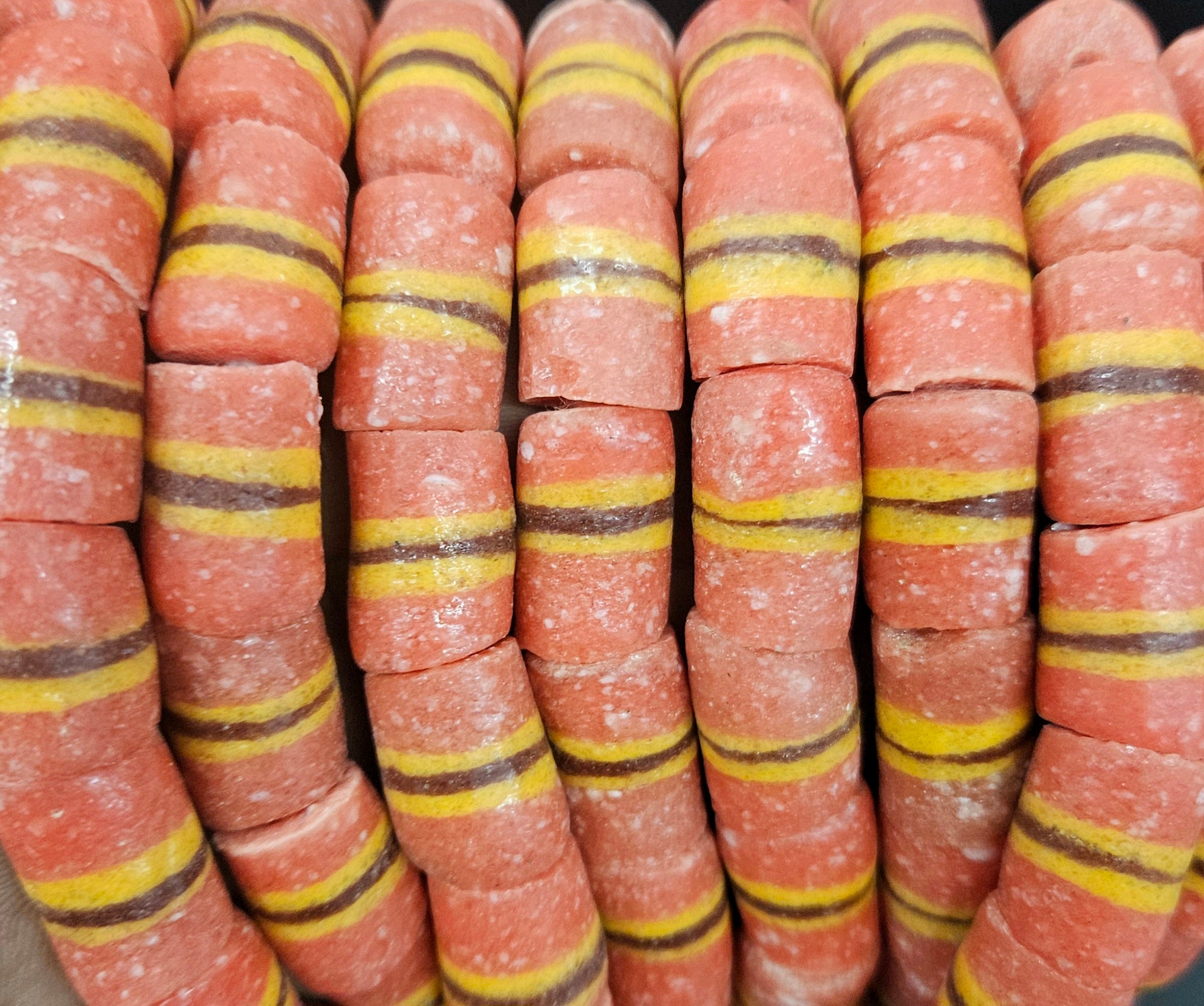 Orange Striped Krobo Kente Glass Beads | Handcrafted Powdered Glass Beads from Ghana | Approx. 17 Beads