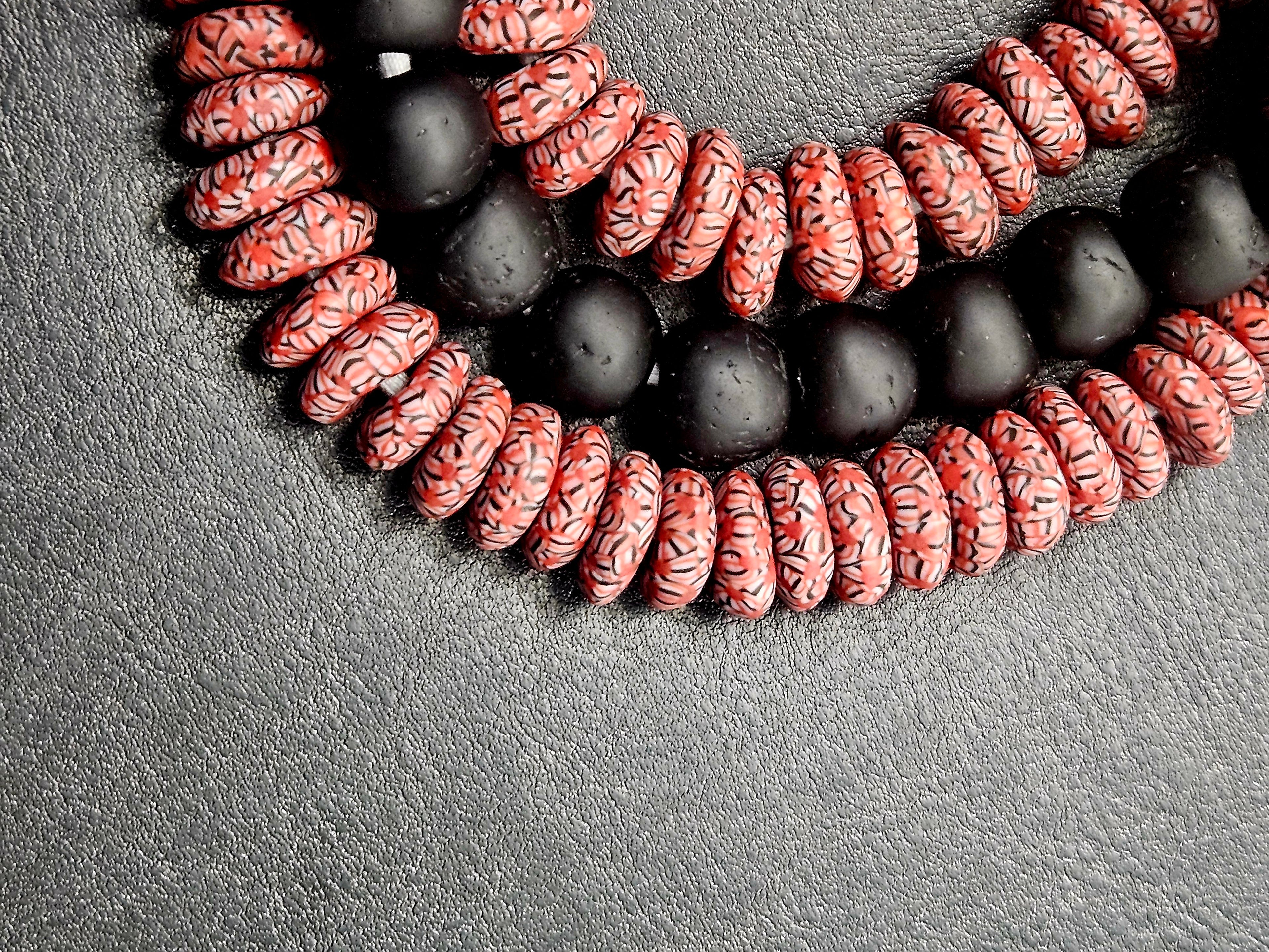 AADAMPO Curator Bundle™ | Coral Hand-Painted Krobo Rondelle Glass Beads & Matte Black Pocket Glass Beads | Handmade in Ghana