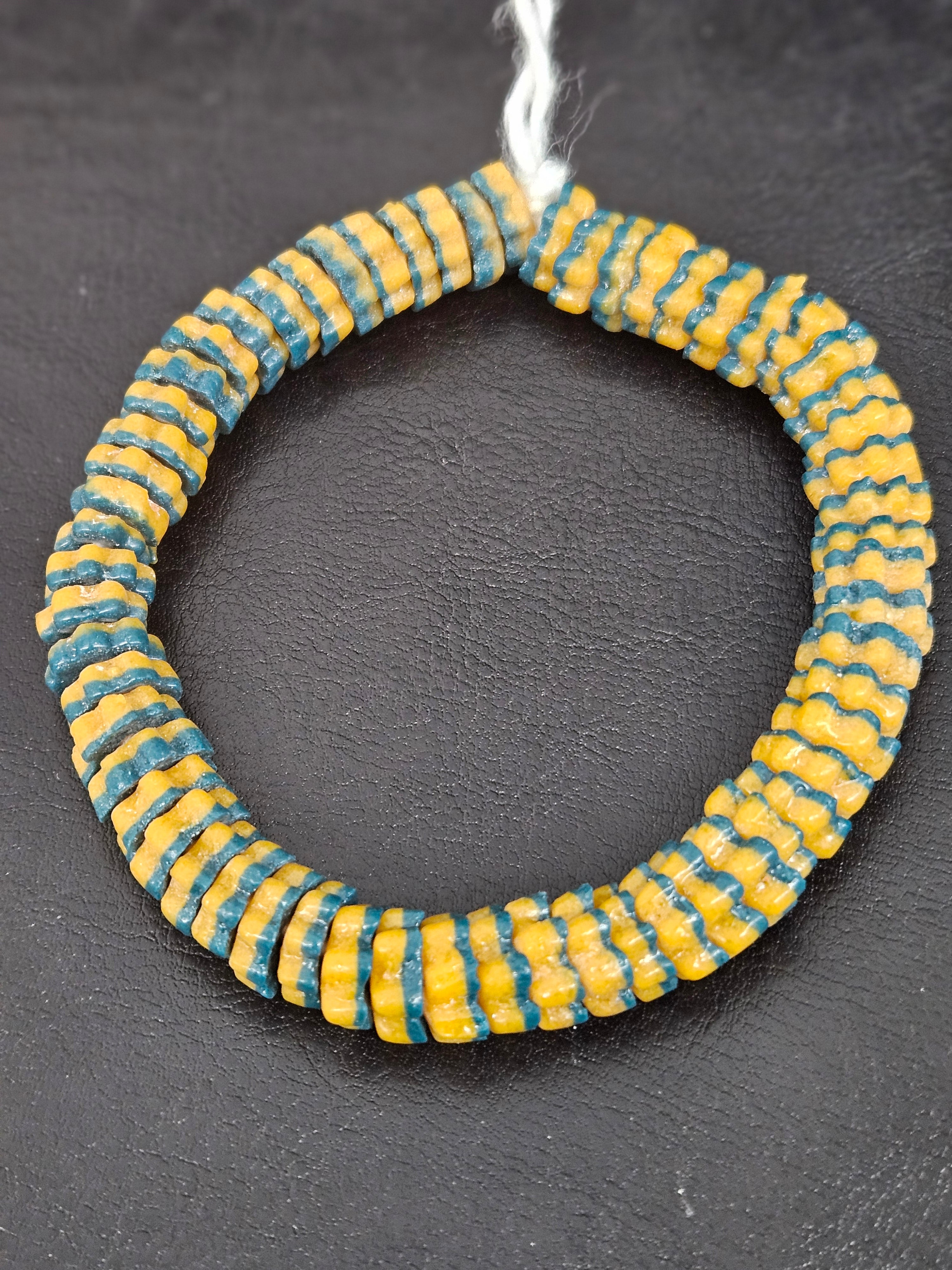 Golden Yellow and Teal Blue Krobo Glass Spacer Beads, Handmade African Recycled Glass Beads, Ghana Beading Supplies