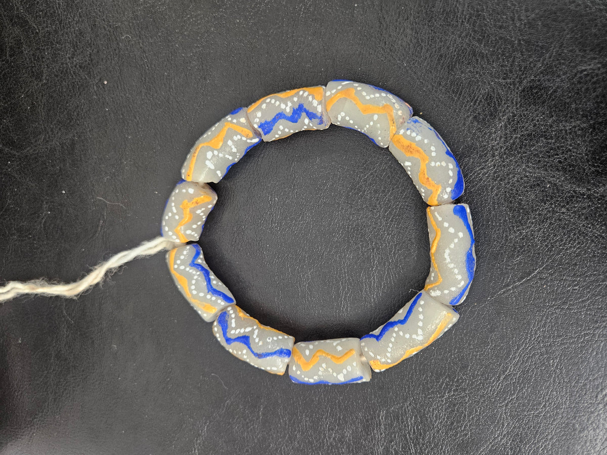 African Glass Beads – Painted Krobo Long Tubes, Gray Blue & Gold