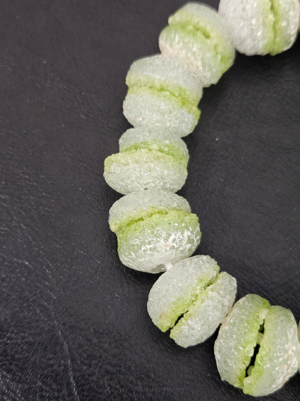 Lime Green & White Krobo Sugar Glass Rondelle Beads | Handcrafted Recycled Glass Beads from Ghana | Approx. 30 Beads Per Strand
