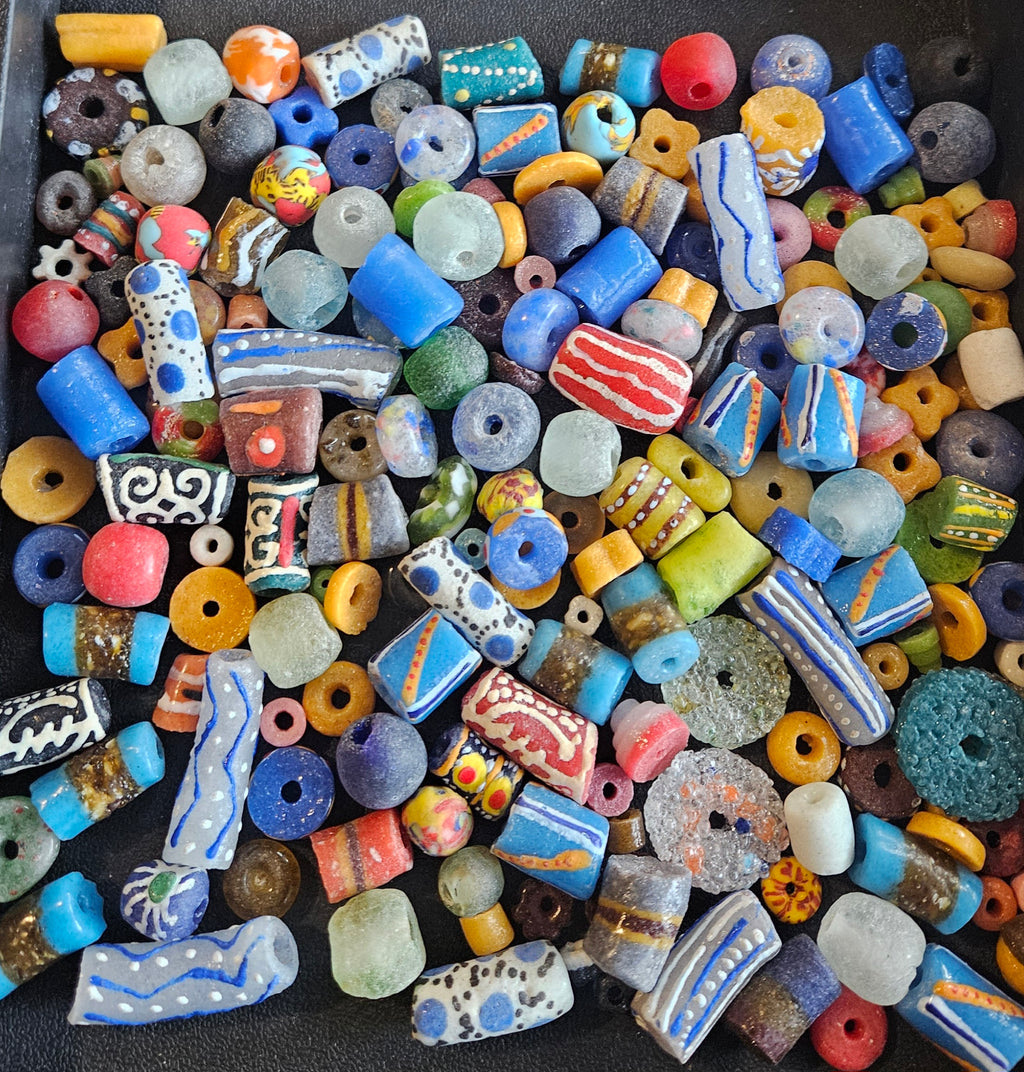 African Krobo Recycled Glass Beads Mix (Indigo + Sky Blue) — 1 Cup, 160+ Handmade Ghana Beads, 1lb | ABM252