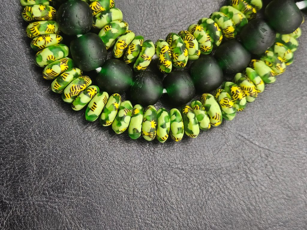 Lime Green Hand-Painted Krobo Rondelle Glass Beads & Emerald Green Pocket Glass Beads | Handmade in Ghana
