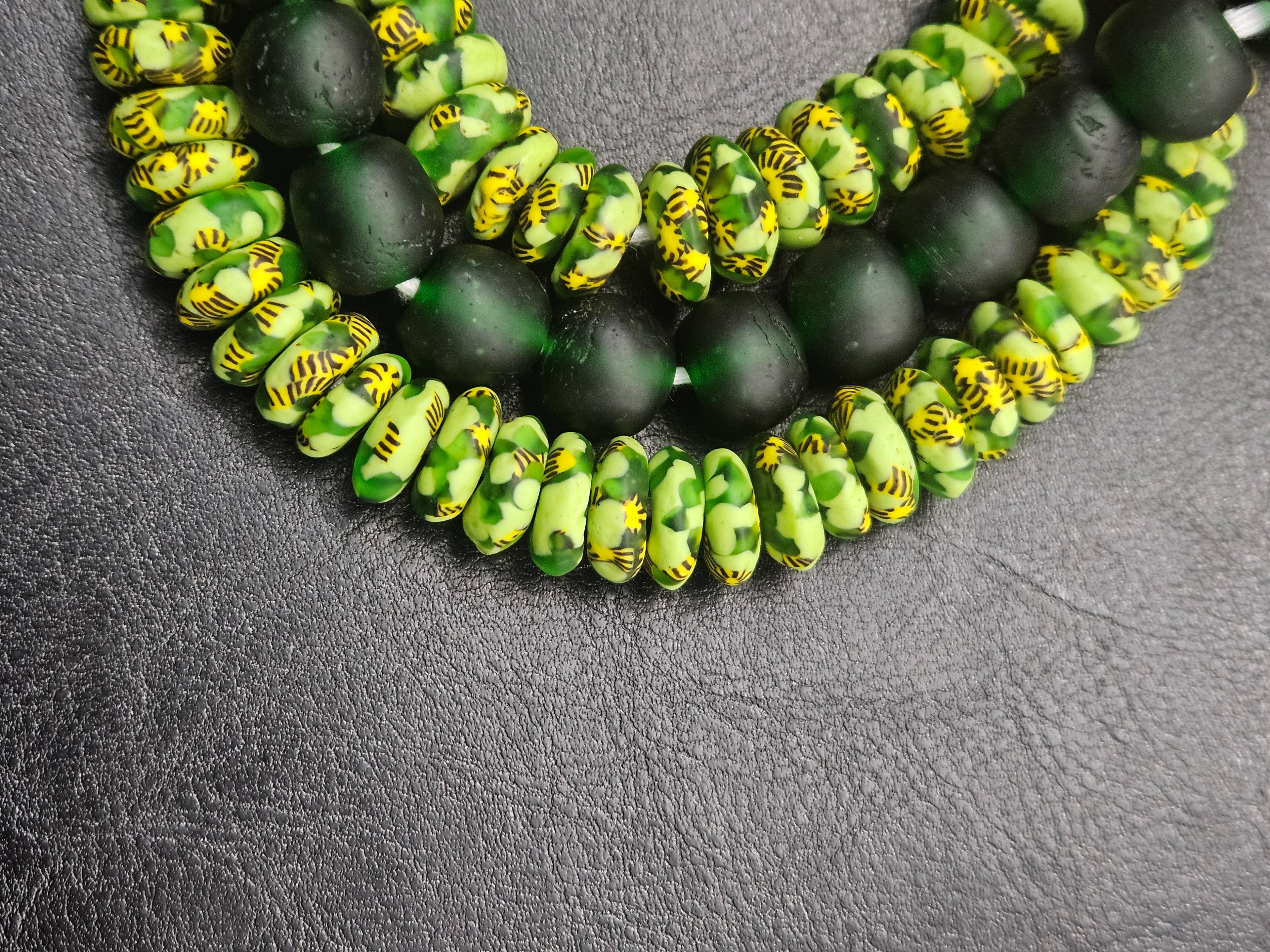 Lime Green Hand-Painted Krobo Rondelle Glass Beads & Emerald Green Pocket Glass Beads | Handmade in Ghana
