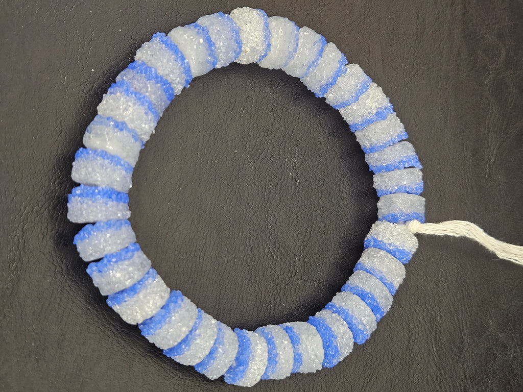 Blue & White Krobo Sugar Glass Short Tube Beads | Handcrafted Recycled Glass Beads from Ghana | Approx. 32 Beads Per Strand