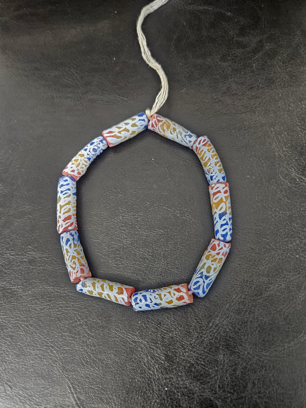 Ivory Multicolor Krobo Painted Glass Long Tube Beads | Handmade African Recycled Glass from Ghana