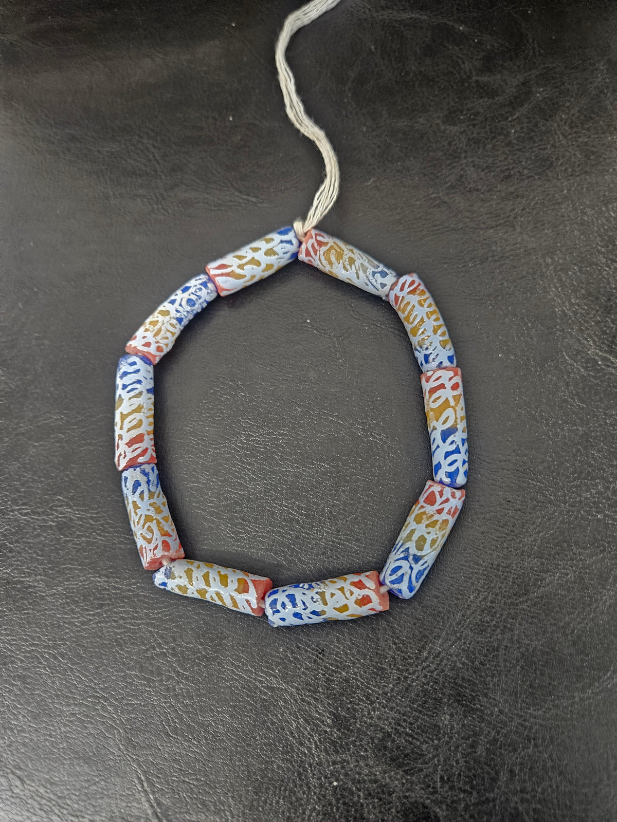 Ivory Multicolor Krobo Painted Glass Long Tube Beads | Handmade African Recycled Glass from Ghana