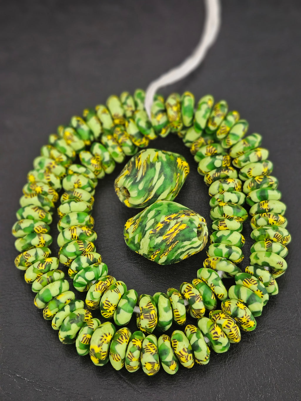 Green African Beads Bundle – Krobo Glass Rondelles + Bicone Focals