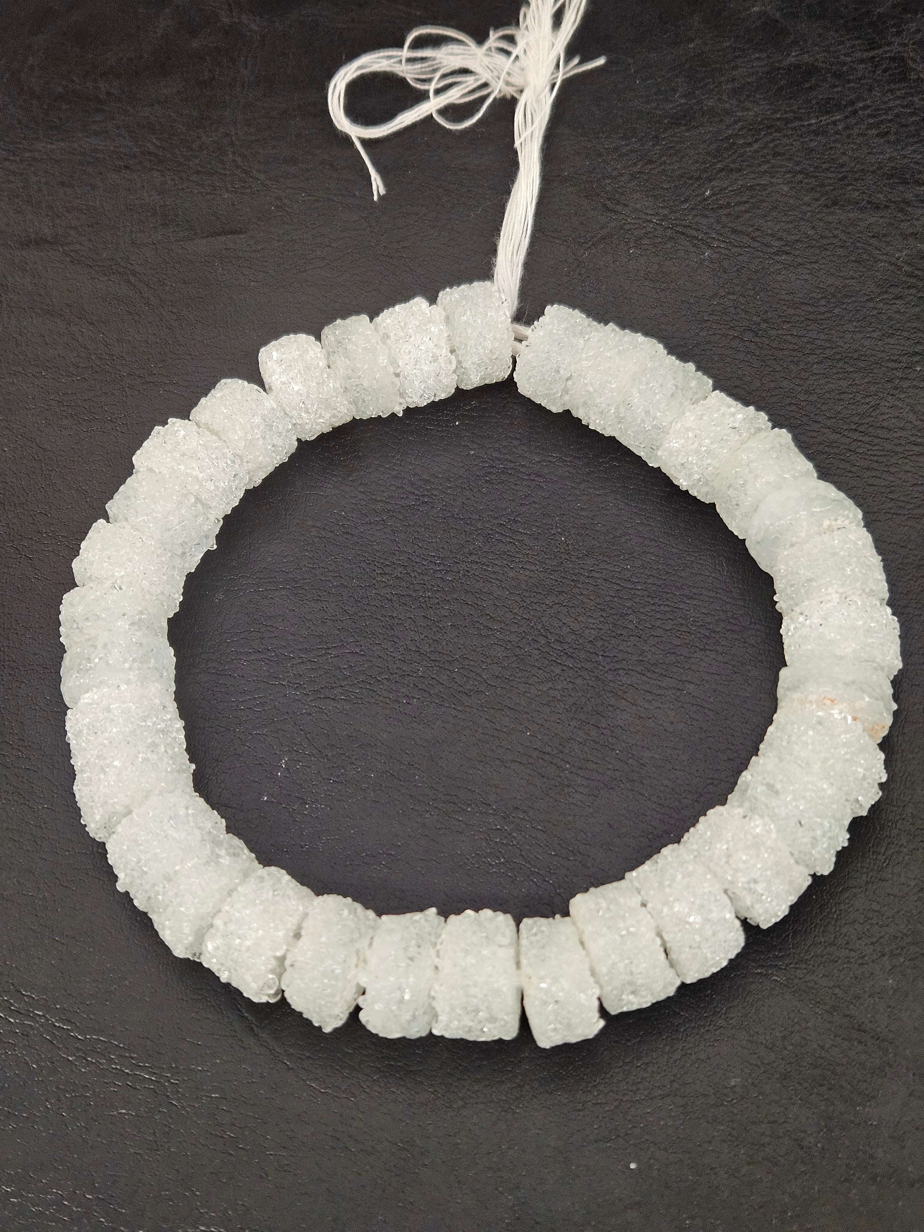 White Krobo Sugar Glass Short Tube Beads | Handcrafted Recycled Glass Beads from Ghana | Approx. 32 Beads Per Strand
