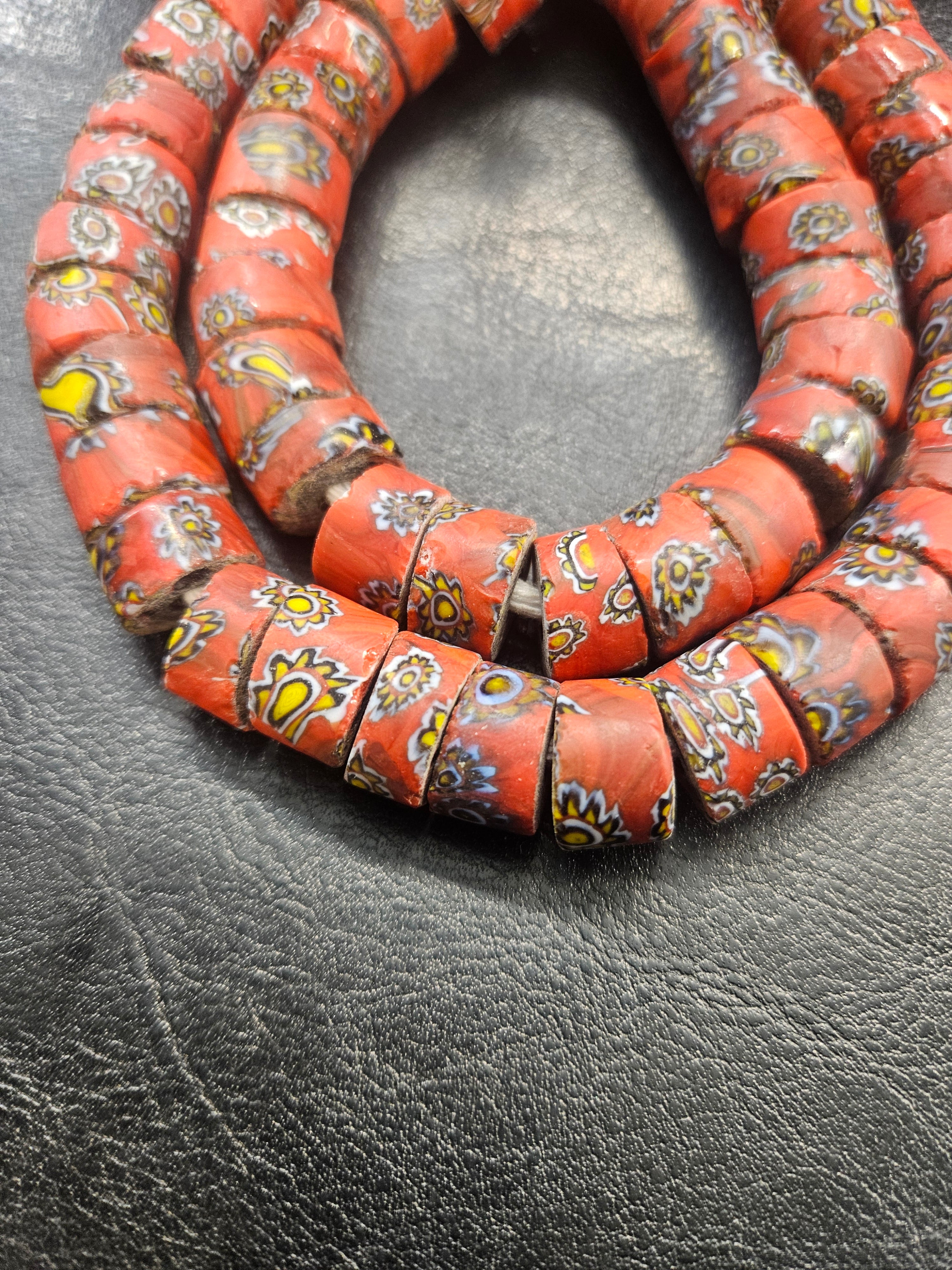 African Trade Beads – Red Multicolor Floral Pattern Strand