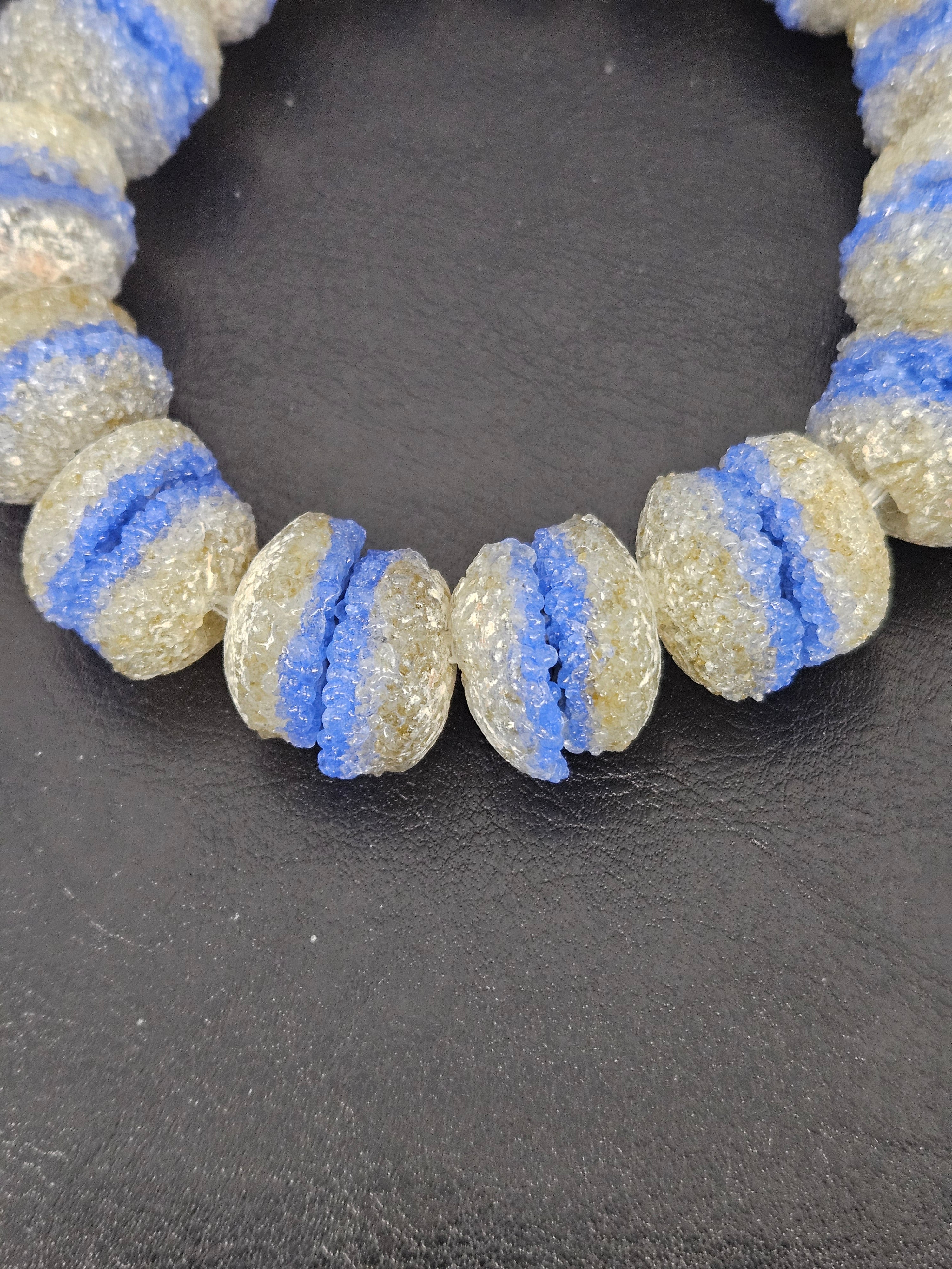 Royal Blue & Ivory Krobo Sugar Glass Rondelle Beads | Handcrafted Recycled Glass Beads from Ghana | Approx. 30 Beads Per Strand