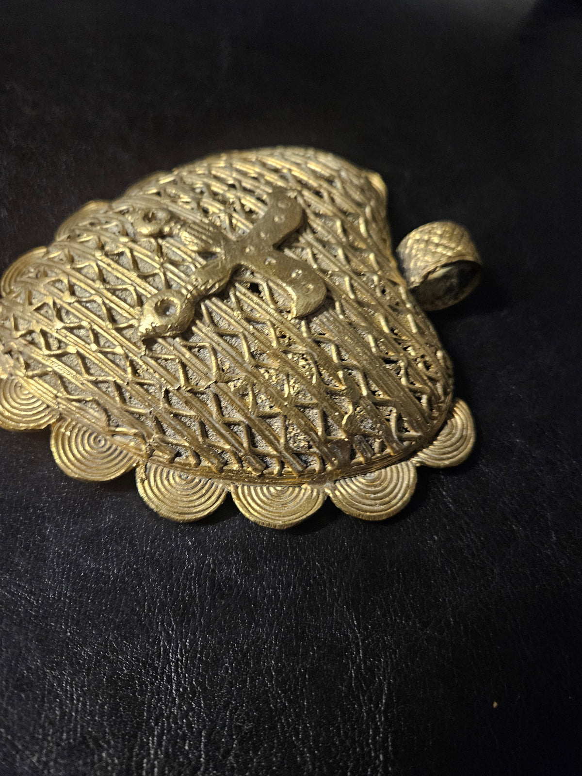 Large Akofena Ghana Brass Statement Pendant – Woven Geometric Focal