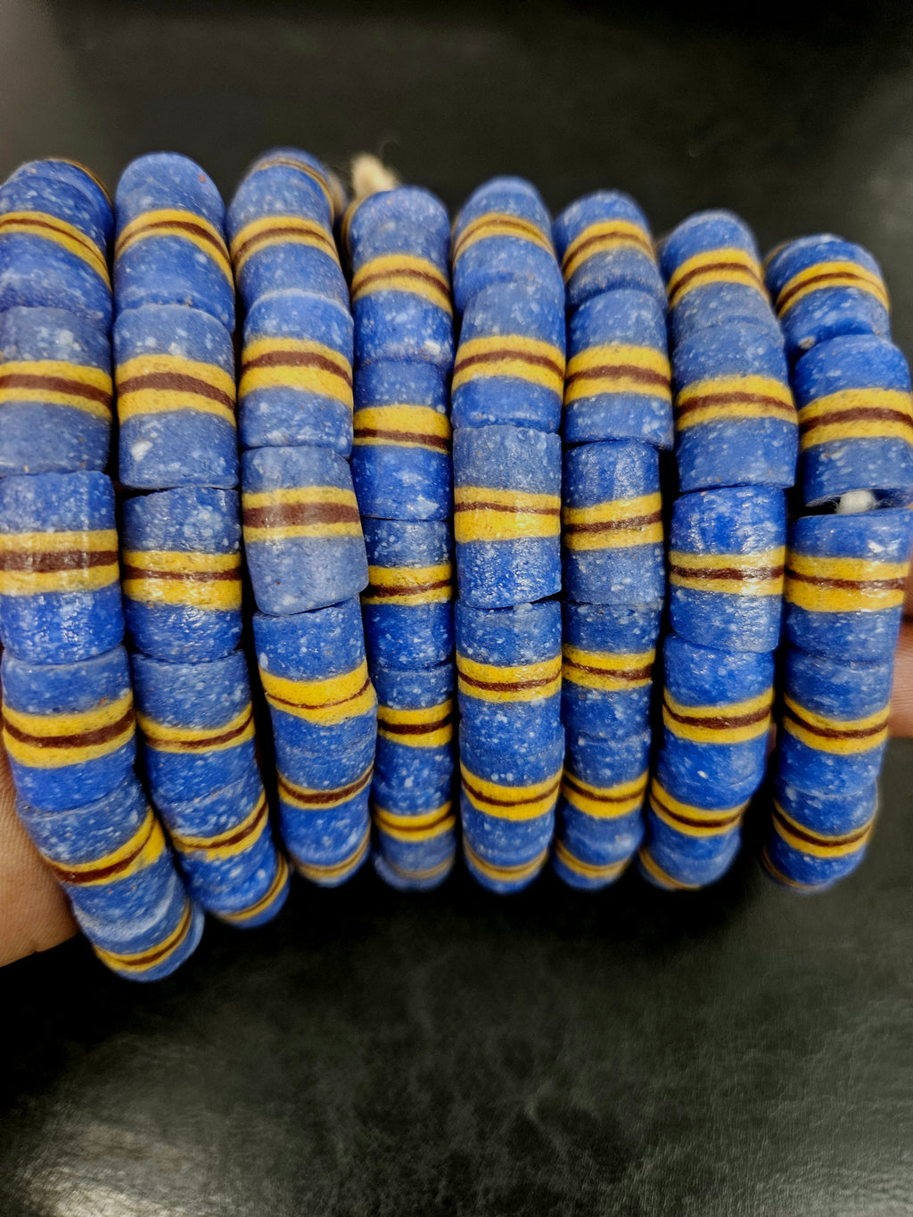 Blue Striped Krobo Kente Glass Beads | Handcrafted Powdered Glass Beads from Ghana | Approx. 17 Beads