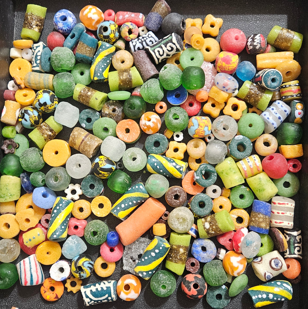 African Krobo Recycled Glass Beads Mix (Forest Green + Sun Gold) — 1 Cup, 160+ Handmade Ghana Beads, 1lb | ABM253